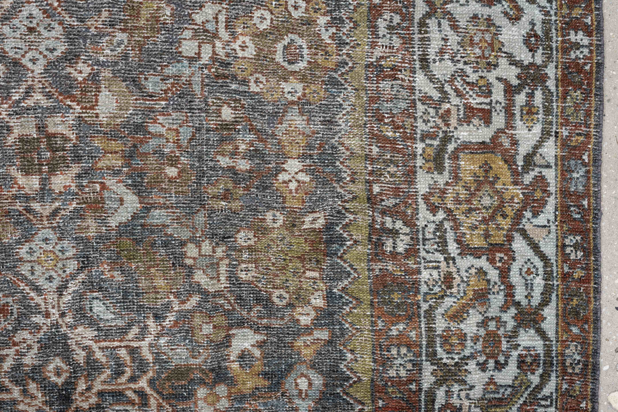 8' x 11' one-of-a-kind handmade antique Mahal large size rug. Color palette: blue-gray, ivory, rust, gold, taupe, brown