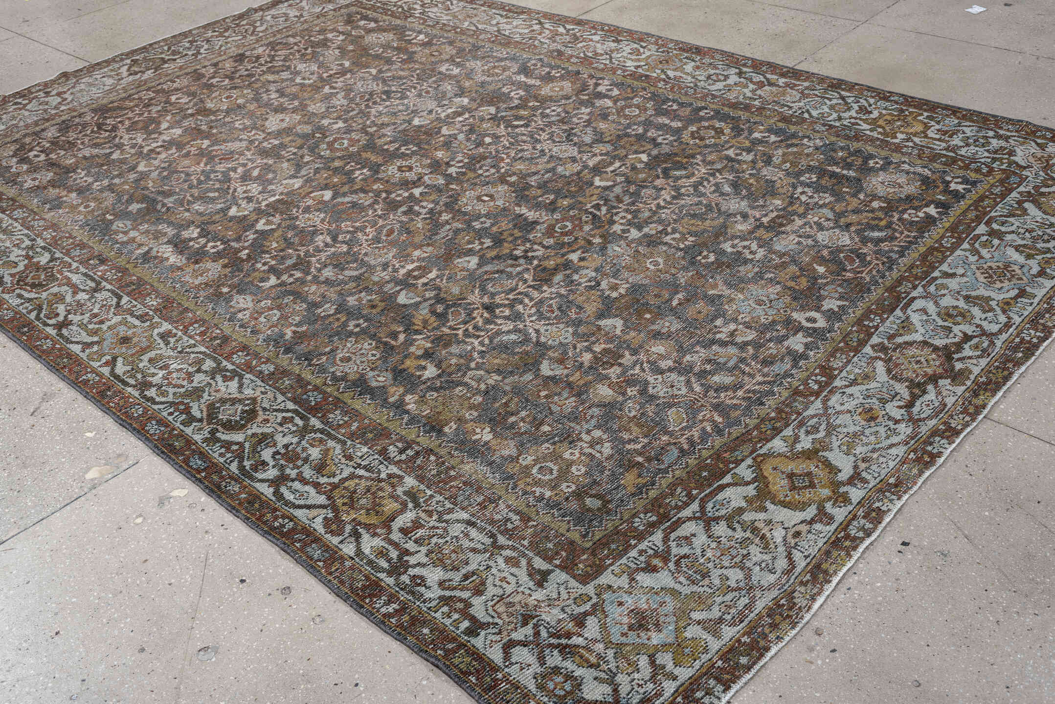 8' x 11' one-of-a-kind handmade antique Mahal large size rug. Color palette: blue-gray, ivory, rust, gold, taupe, brown