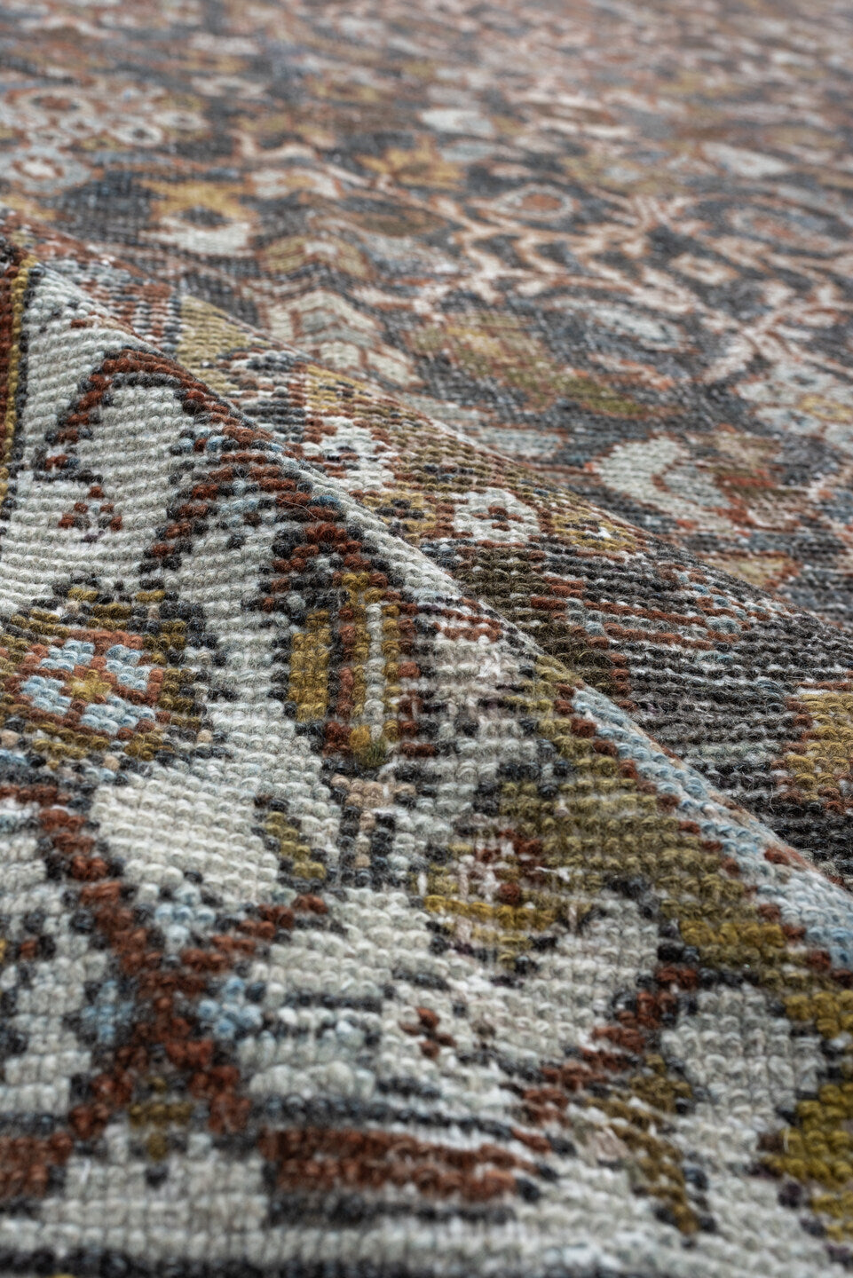 8' x 11' one-of-a-kind handmade antique Mahal large size rug. Color palette: blue-gray, ivory, rust, gold, taupe, brown