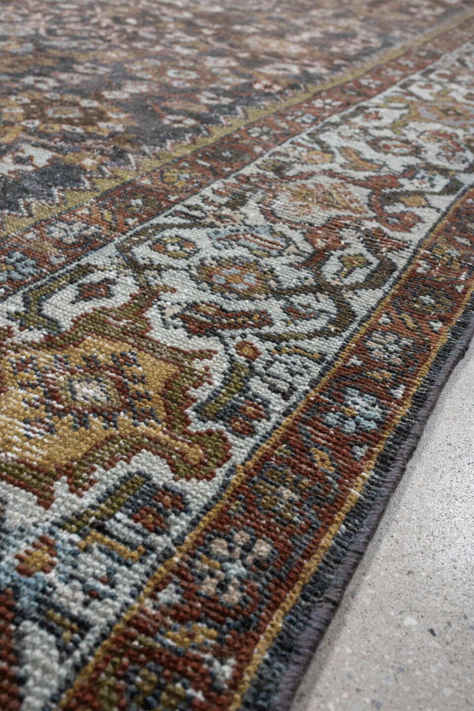 8' x 11' one-of-a-kind handmade antique Mahal large size rug. Color palette: blue-gray, ivory, rust, gold, taupe, brown