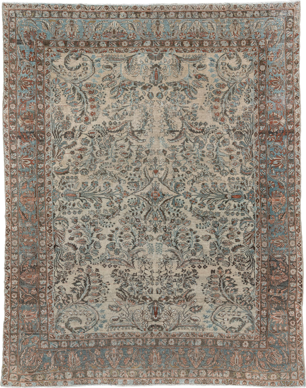 8' x 10' one-of-a-kind handmade antique Lilian large size rug. Color palette: ivory, sky blue, taupe, rust, slate, camel
