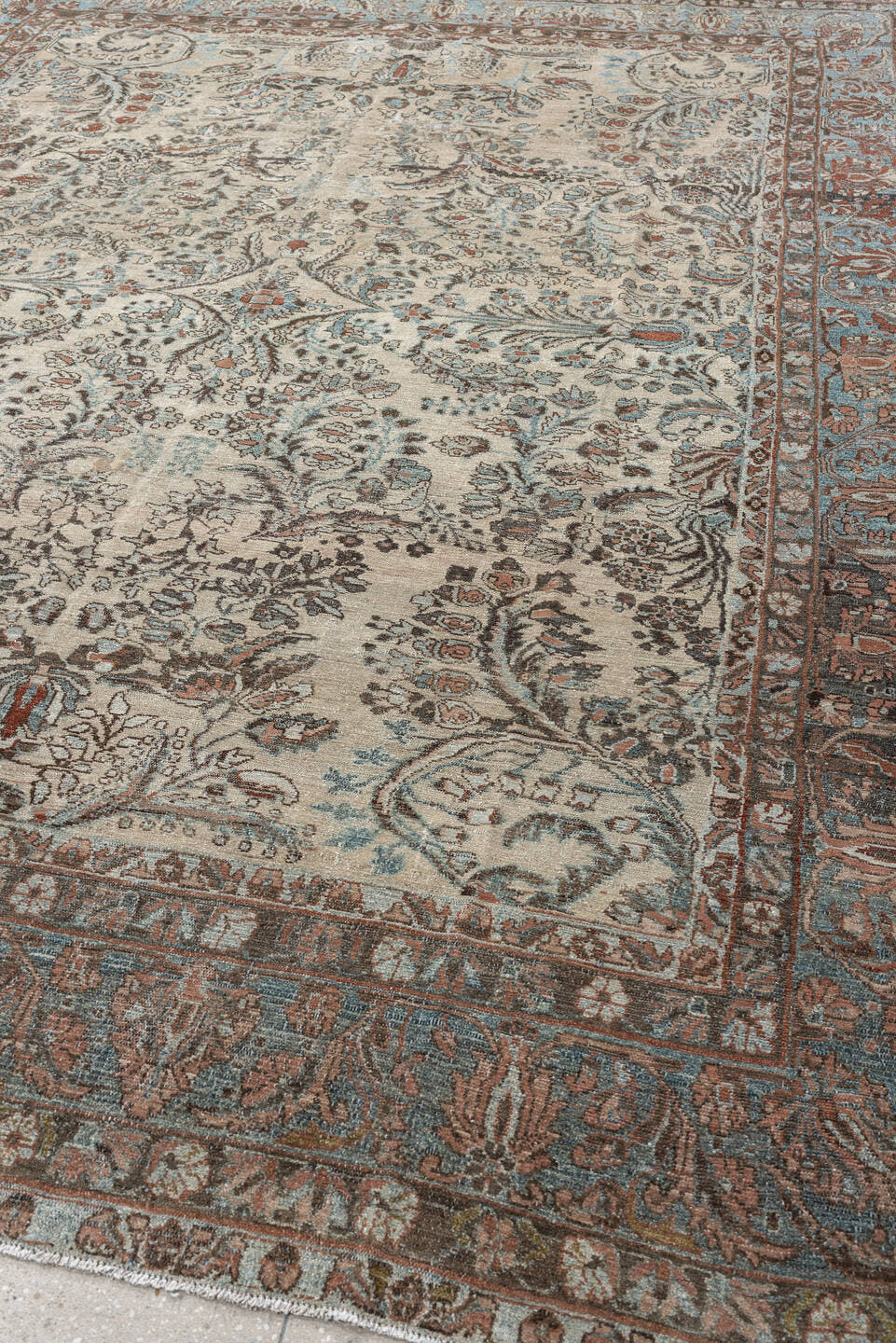 8' x 10' one-of-a-kind handmade antique Lilian large size rug. Color palette: ivory, sky blue, taupe, rust, slate, camel