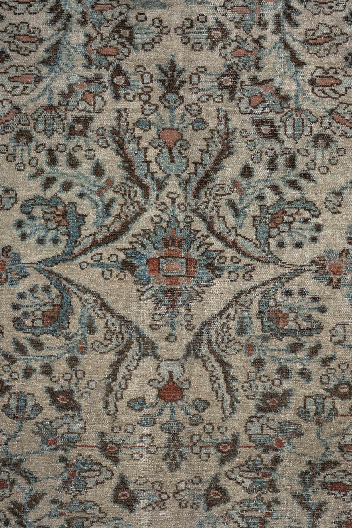 8' x 10' one-of-a-kind handmade antique Lilian large size rug. Color palette: ivory, sky blue, taupe, rust, slate, camel