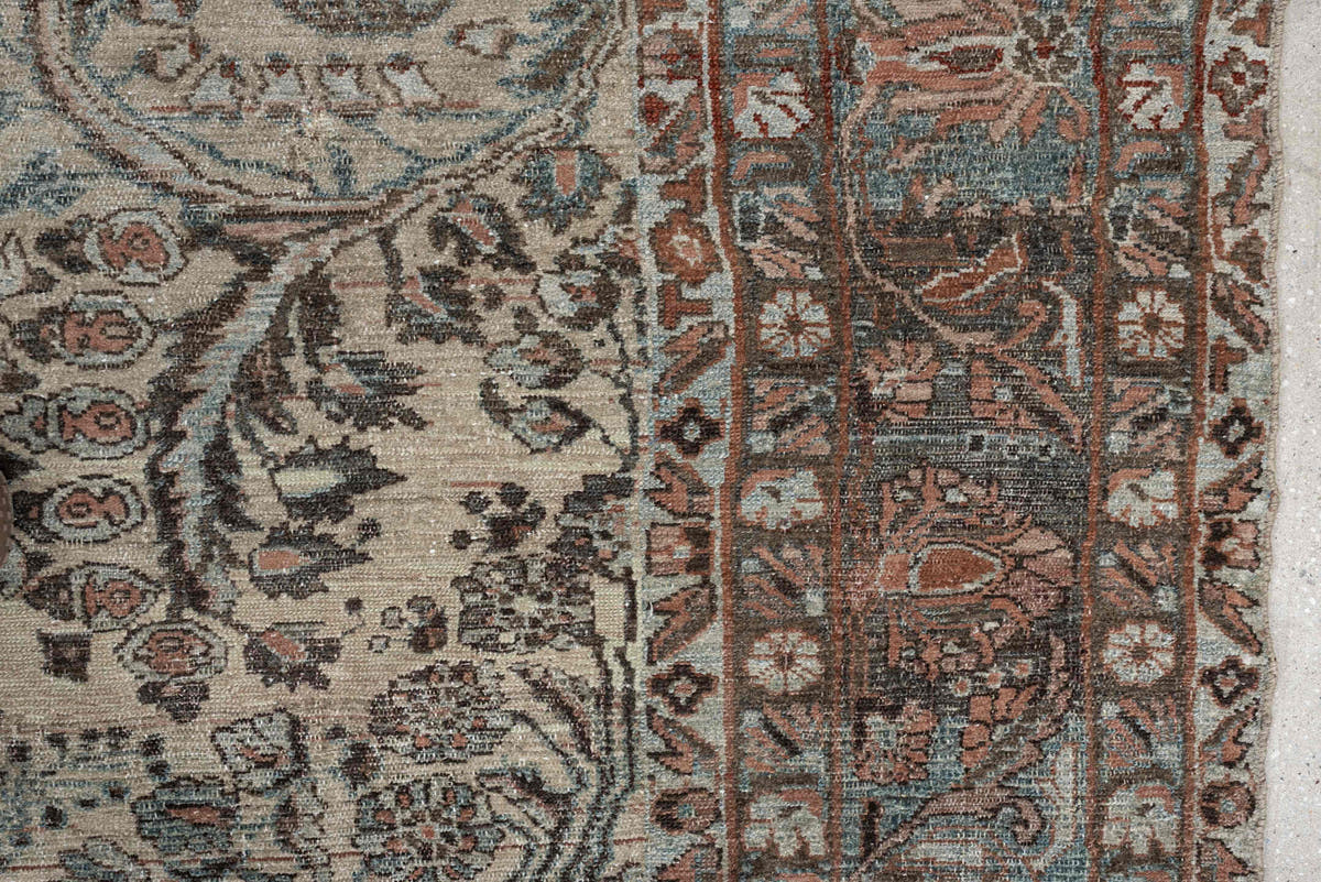 8' x 10' one-of-a-kind handmade antique Lilian large size rug. Color palette: ivory, sky blue, taupe, rust, slate, camel