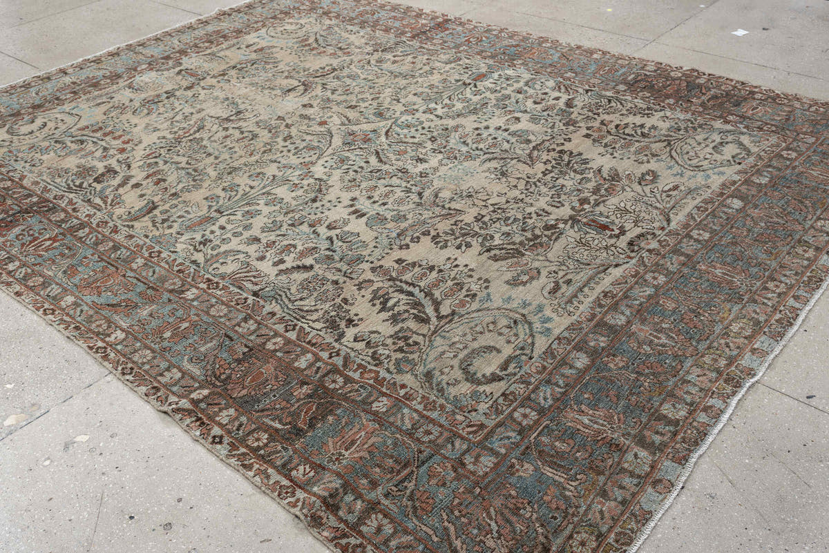 8' x 10' one-of-a-kind handmade antique Lilian large size rug. Color palette: ivory, sky blue, taupe, rust, slate, camel