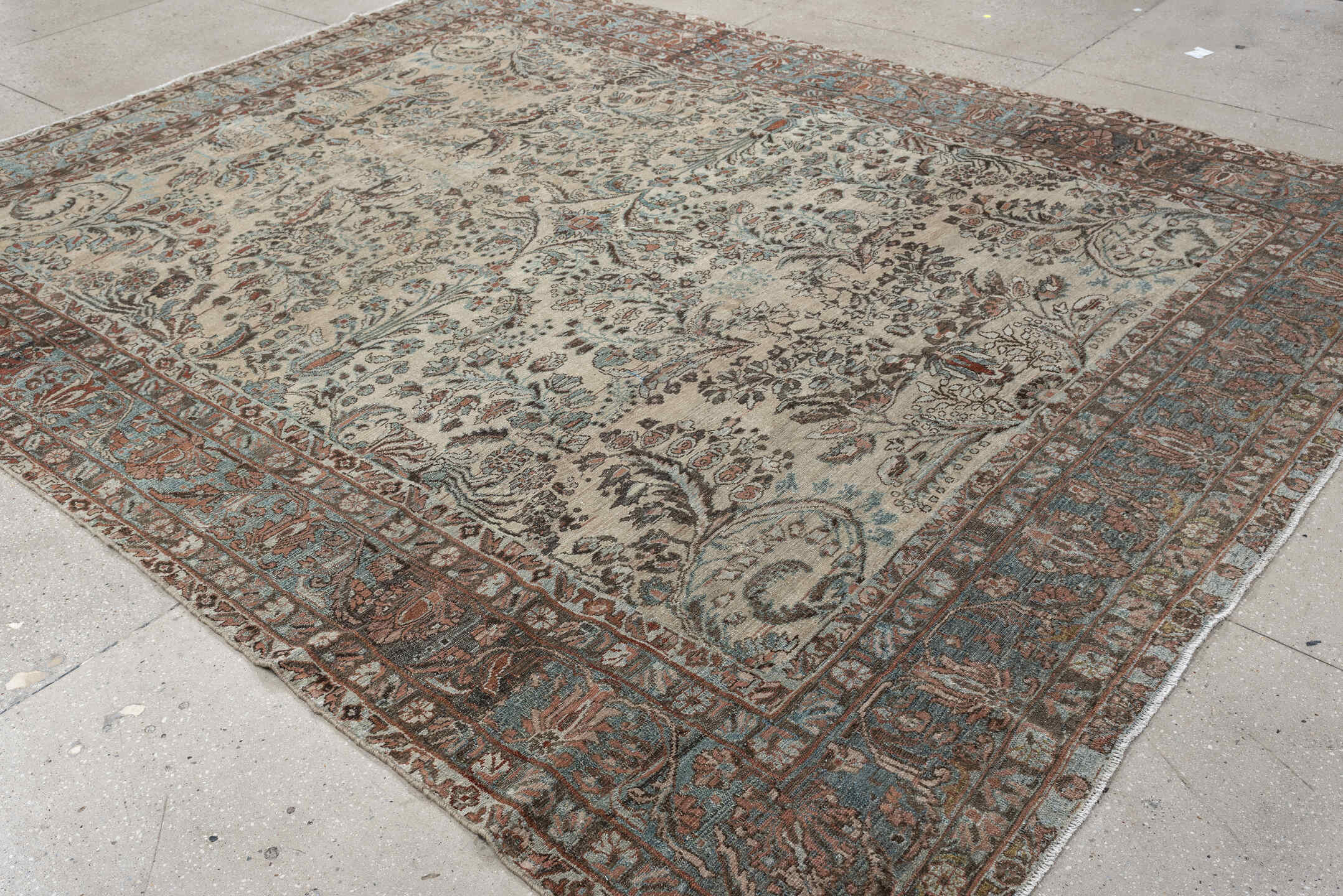 8' x 10' one-of-a-kind handmade antique Lilian large size rug. Color palette: ivory, sky blue, taupe, rust, slate, camel