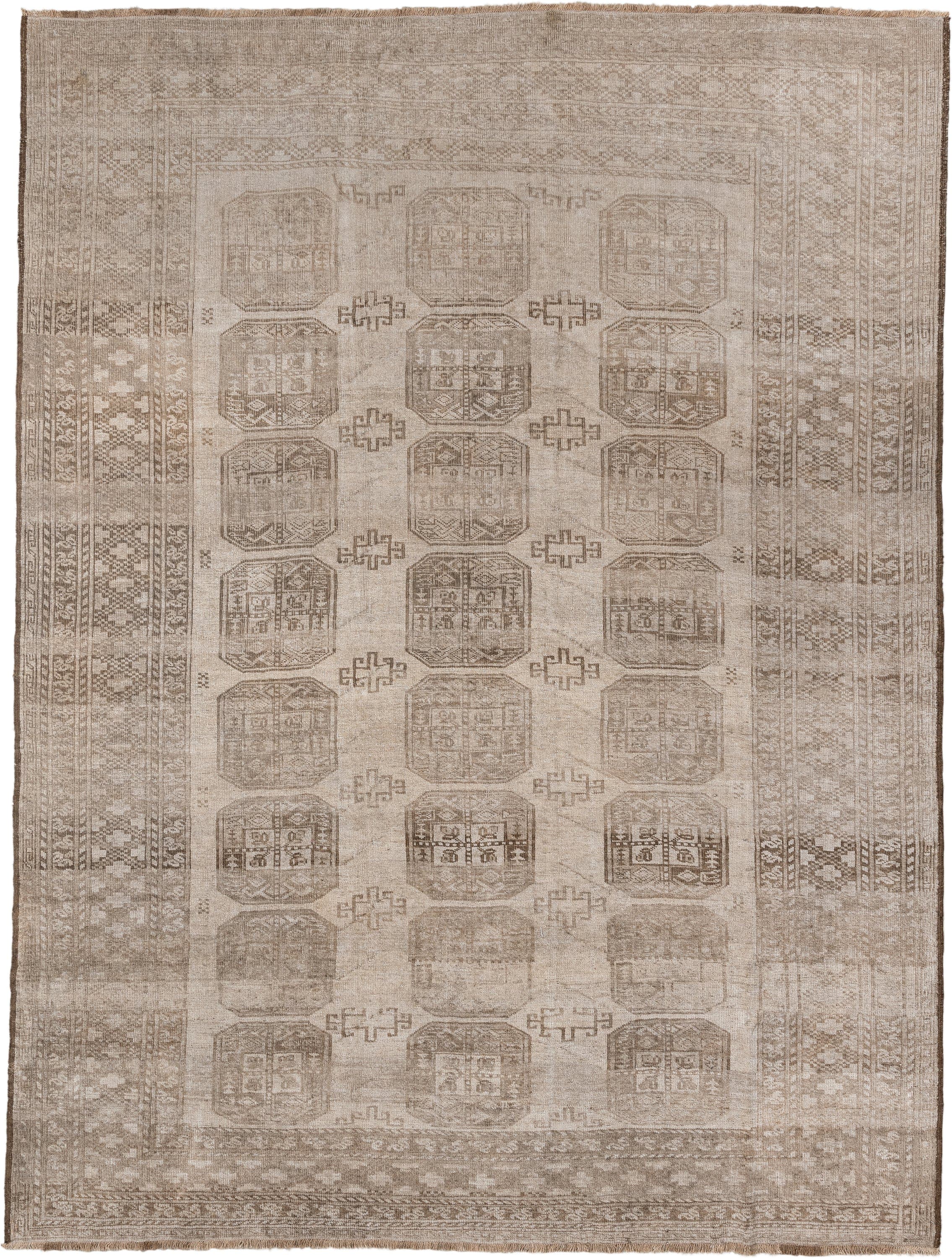 7' x 10' one-of-a-kind handmade antique Afghan large size rug. Color palette: taupe, beige, camel, ivory, brown, gray