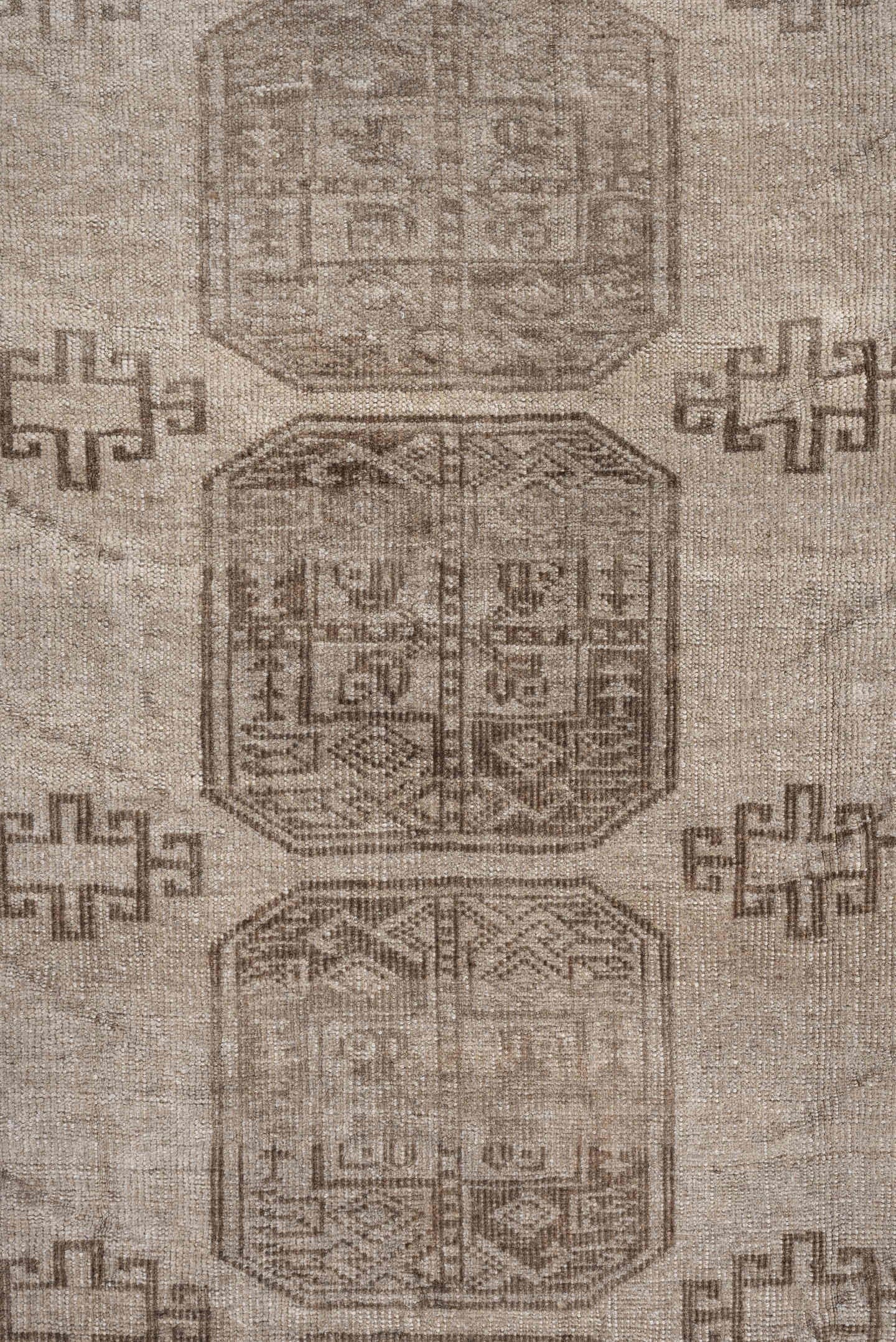 7' x 10' one-of-a-kind handmade antique Afghan large size rug. Color palette: taupe, beige, camel, ivory, brown, gray