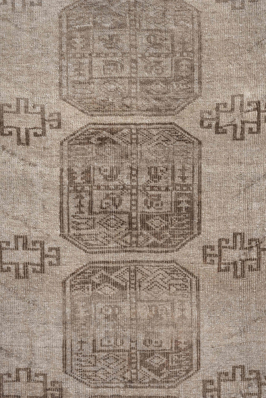 7' x 10' one-of-a-kind handmade antique Afghan large size rug. Color palette: taupe, beige, camel, ivory, brown, gray