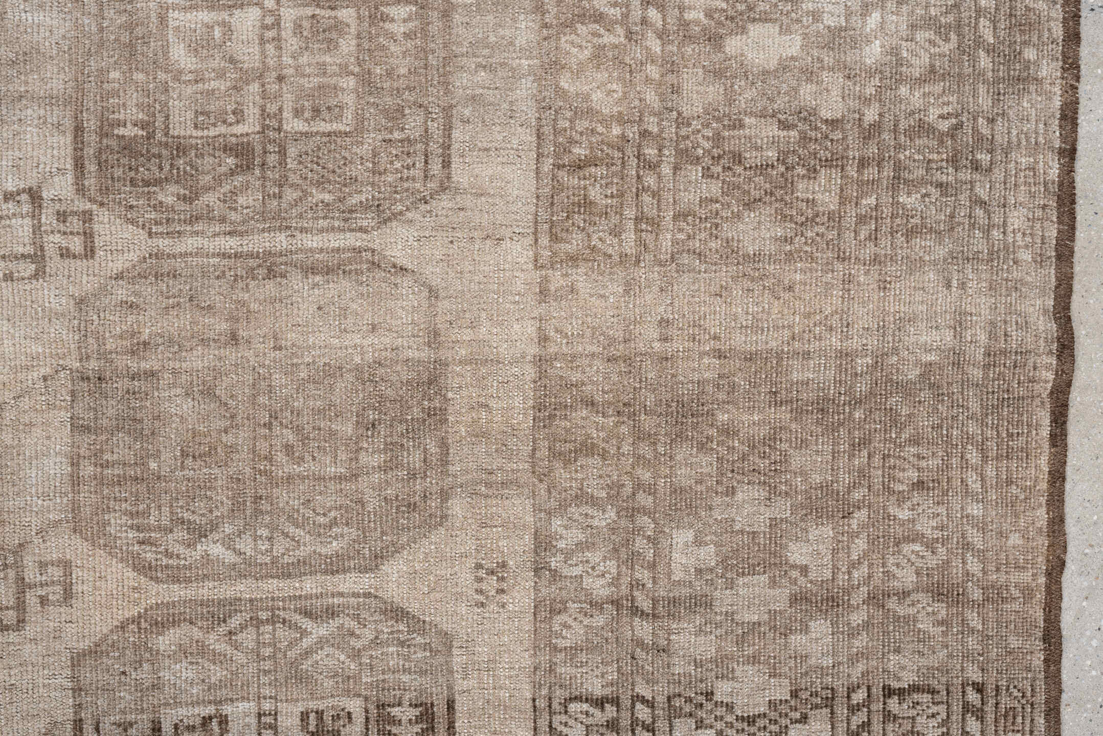 7' x 10' one-of-a-kind handmade antique Afghan large size rug. Color palette: taupe, beige, camel, ivory, brown, gray