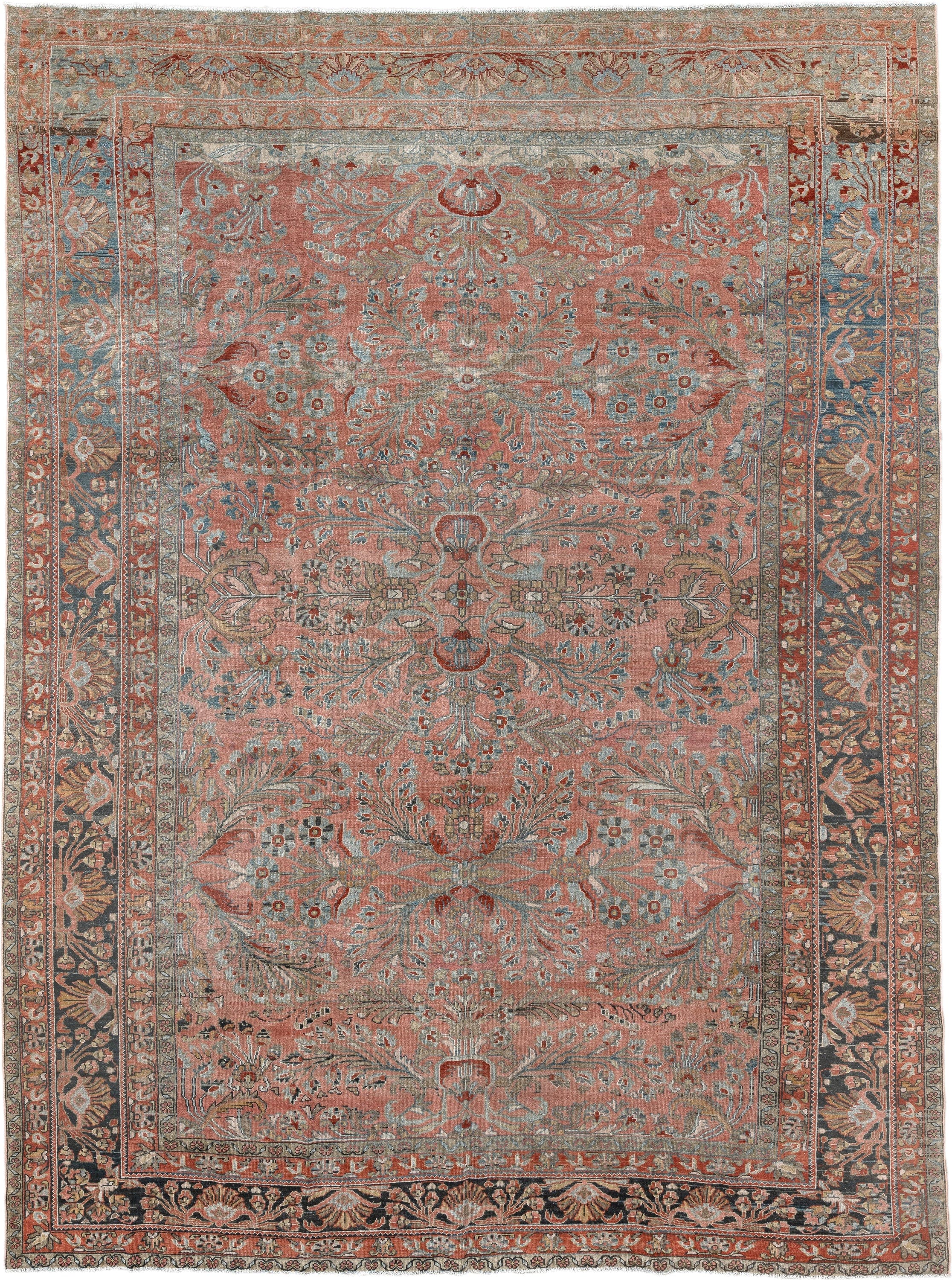 9' x 12' one-of-a-kind handmade antique Lilian large size rug. Color palette: rose, indigo, ivory, terra cotta, sage, taupe