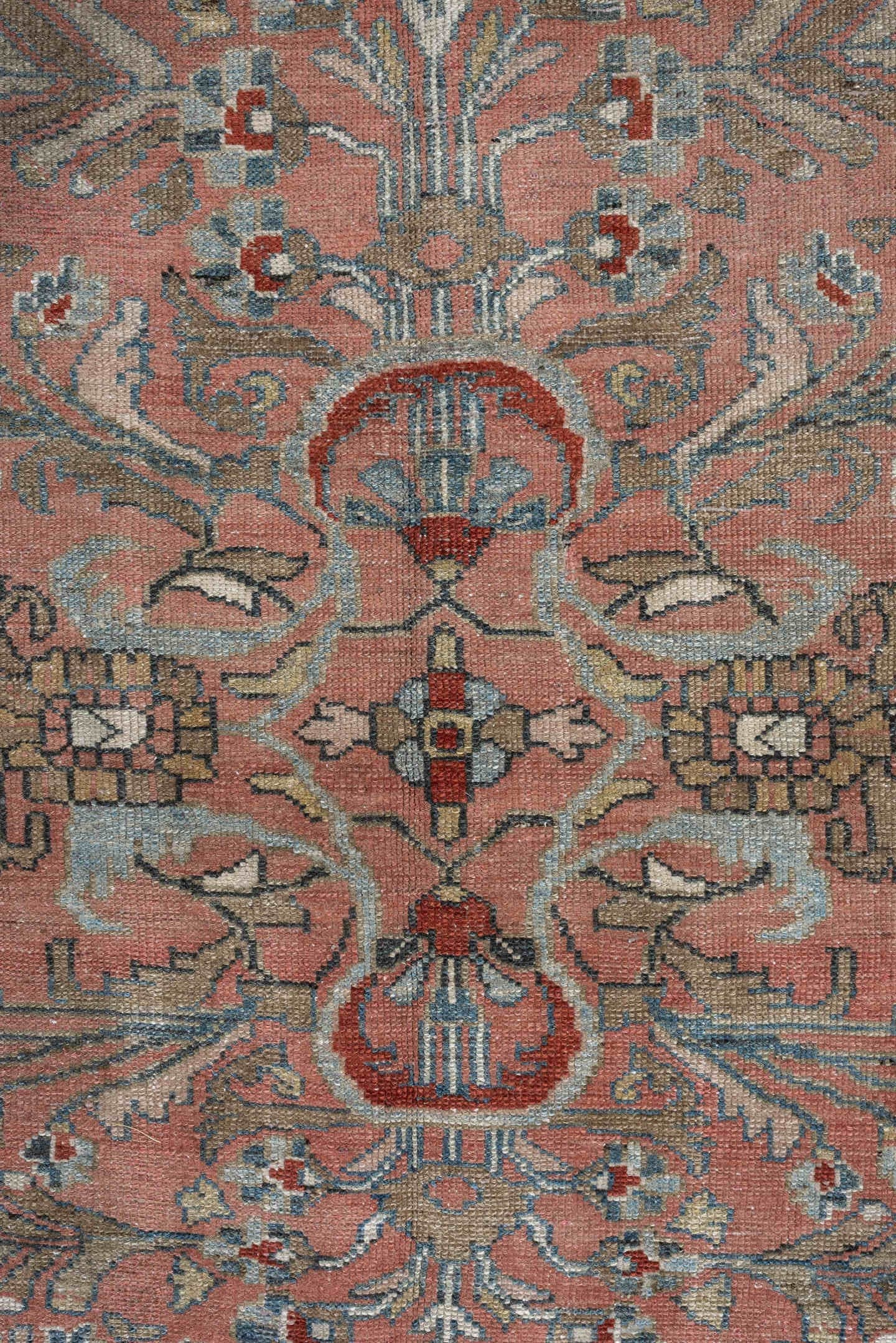 9' x 12' one-of-a-kind handmade antique Lilian large size rug. Color palette: rose, indigo, ivory, terra cotta, sage, taupe