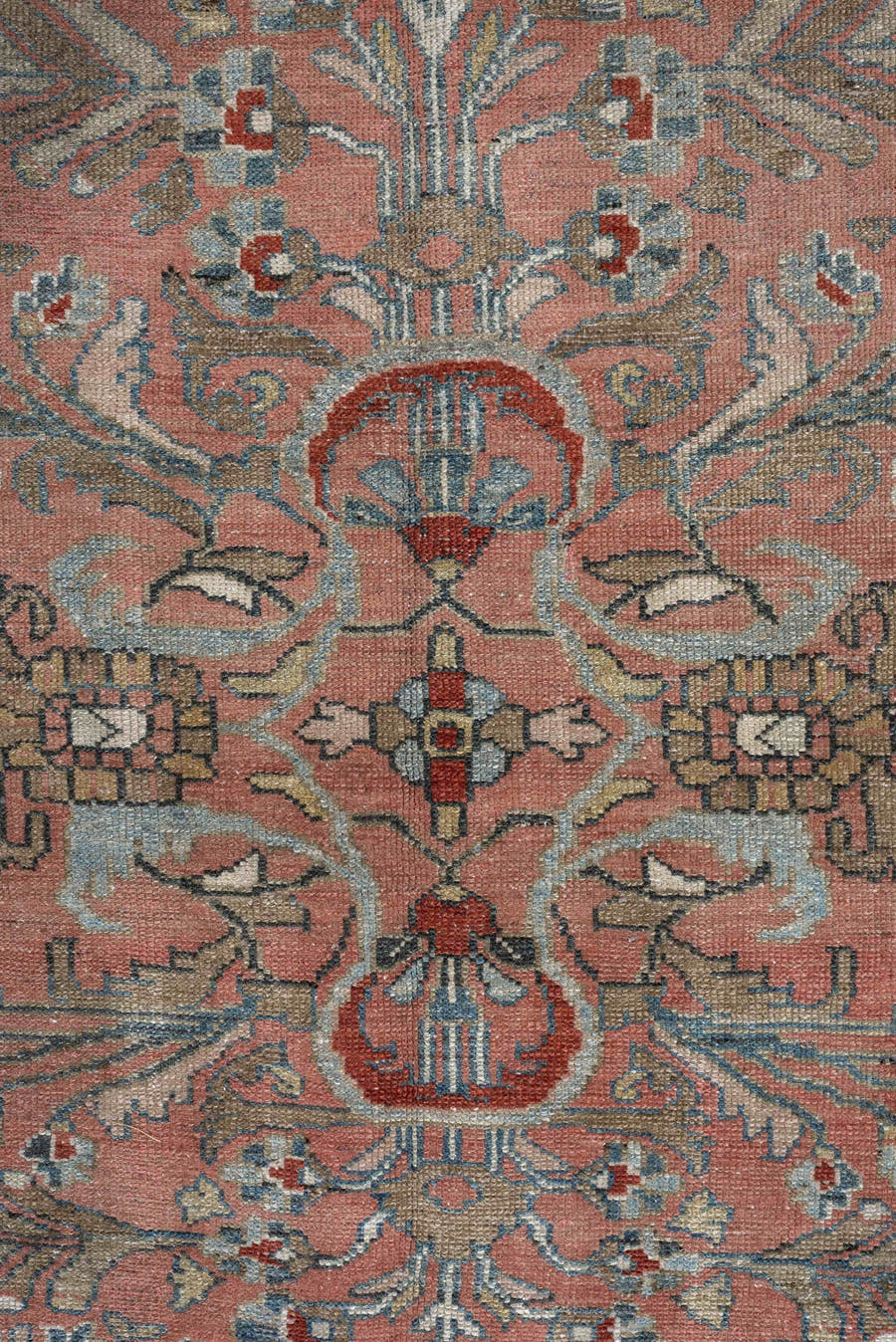 9' x 12' one-of-a-kind handmade antique Lilian large size rug. Color palette: rose, indigo, ivory, terra cotta, sage, taupe