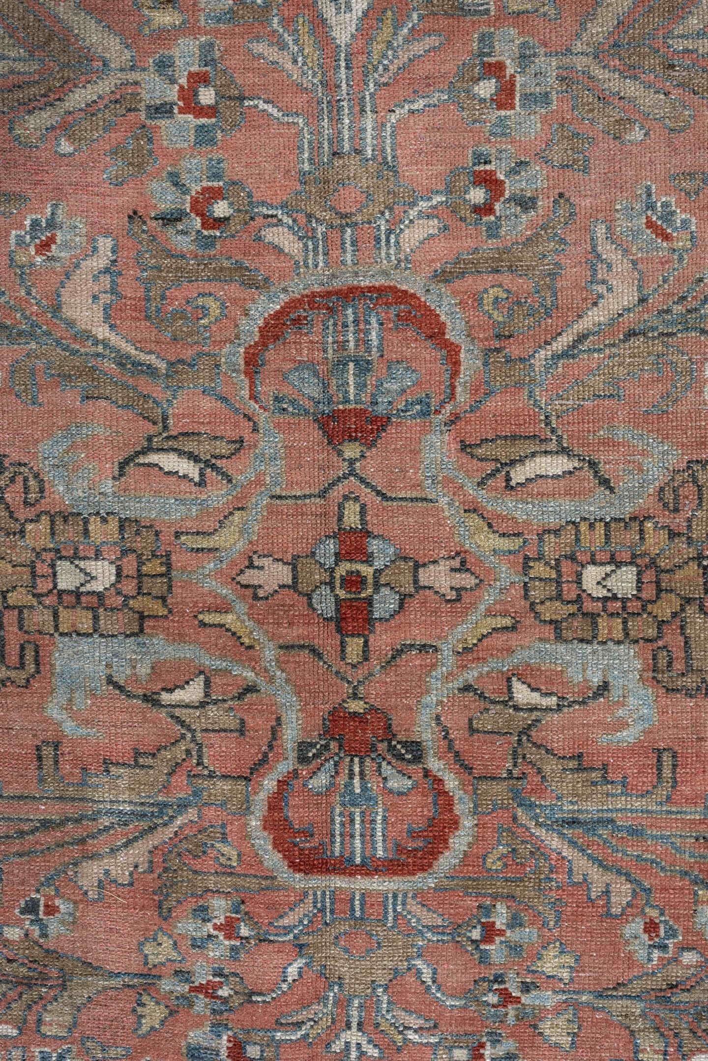 9' x 12' one-of-a-kind handmade antique Lilian large size rug. Color palette: rose, indigo, ivory, terra cotta, sage, taupe