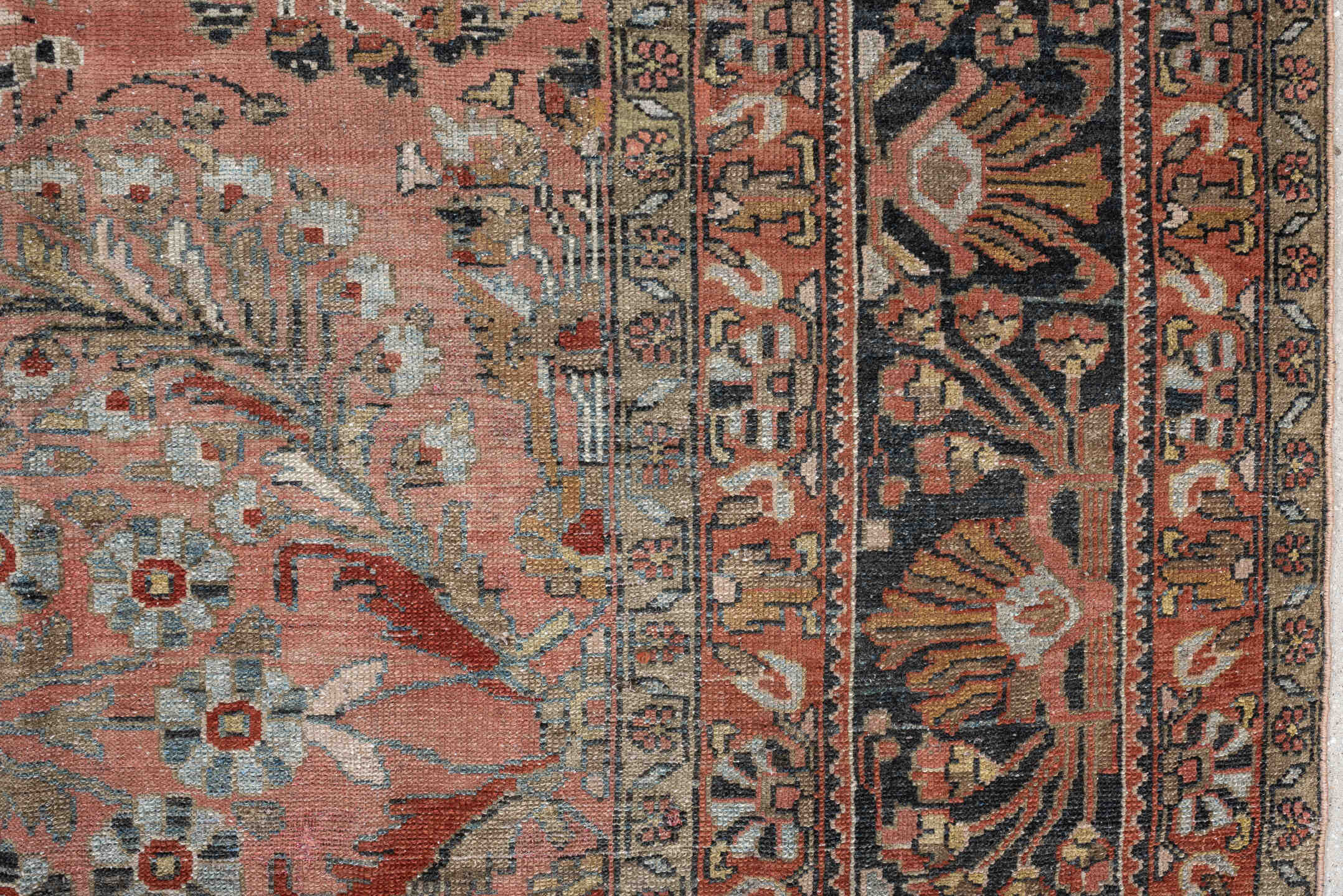 9' x 12' one-of-a-kind handmade antique Lilian large size rug. Color palette: rose, indigo, ivory, terra cotta, sage, taupe