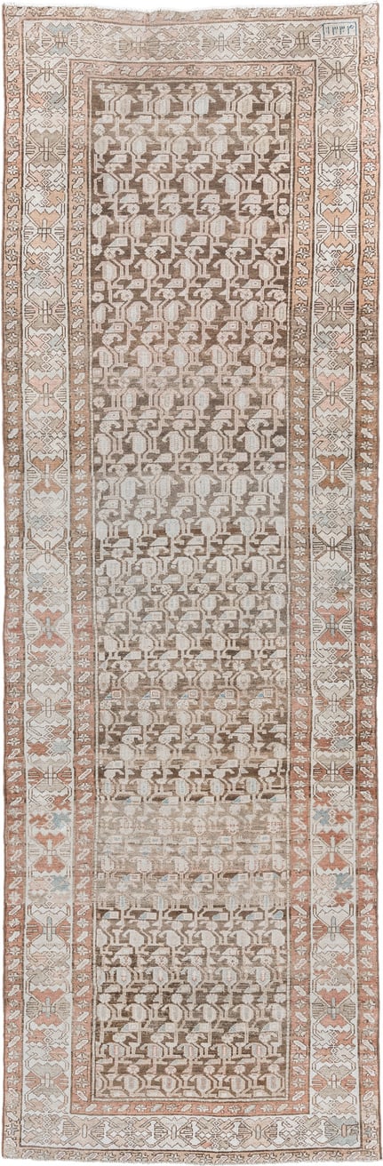 4' x 12' one-of-a-kind handmade antique Hamadan runner rug. Color palette: taupe, ivory, camel, terra cotta, beige, sage