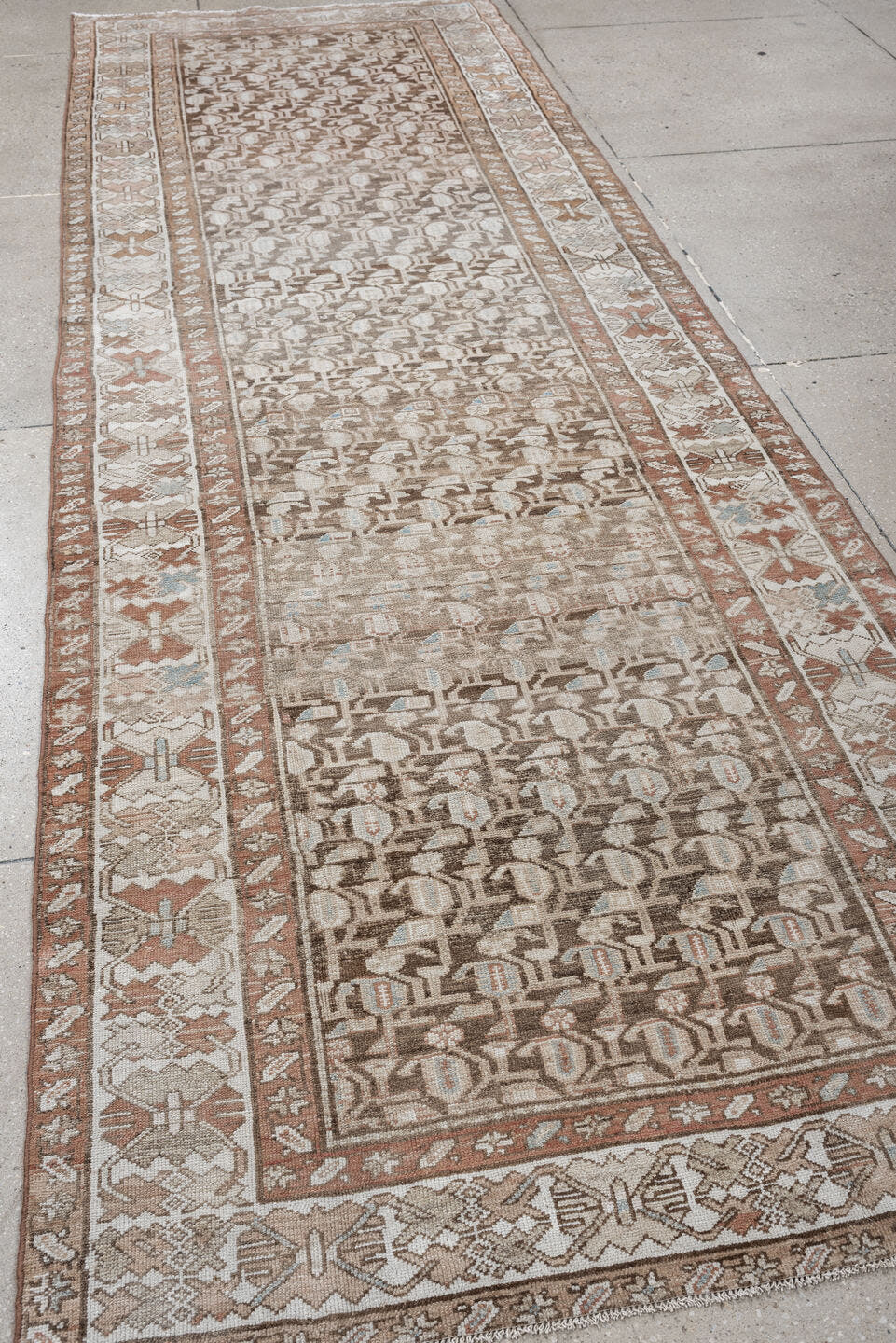 4' x 12' one-of-a-kind handmade antique Hamadan runner rug. Color palette: taupe, ivory, camel, terra cotta, beige, sage
