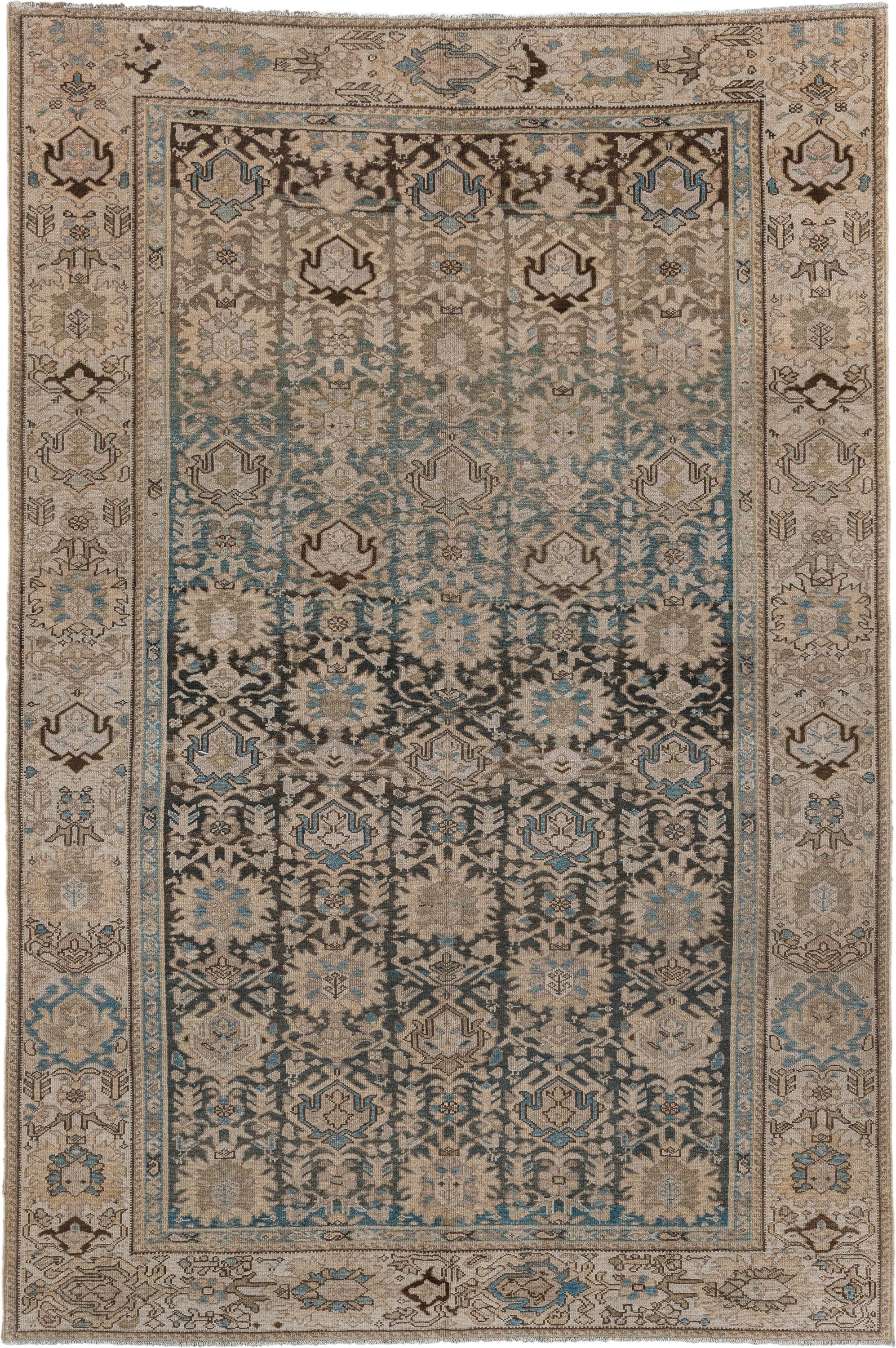 6' x 9' one-of-a-kind handmade antique Malayer large size rug. Color palette: taupe, ivory, charcoal, sky blue, beige, brown