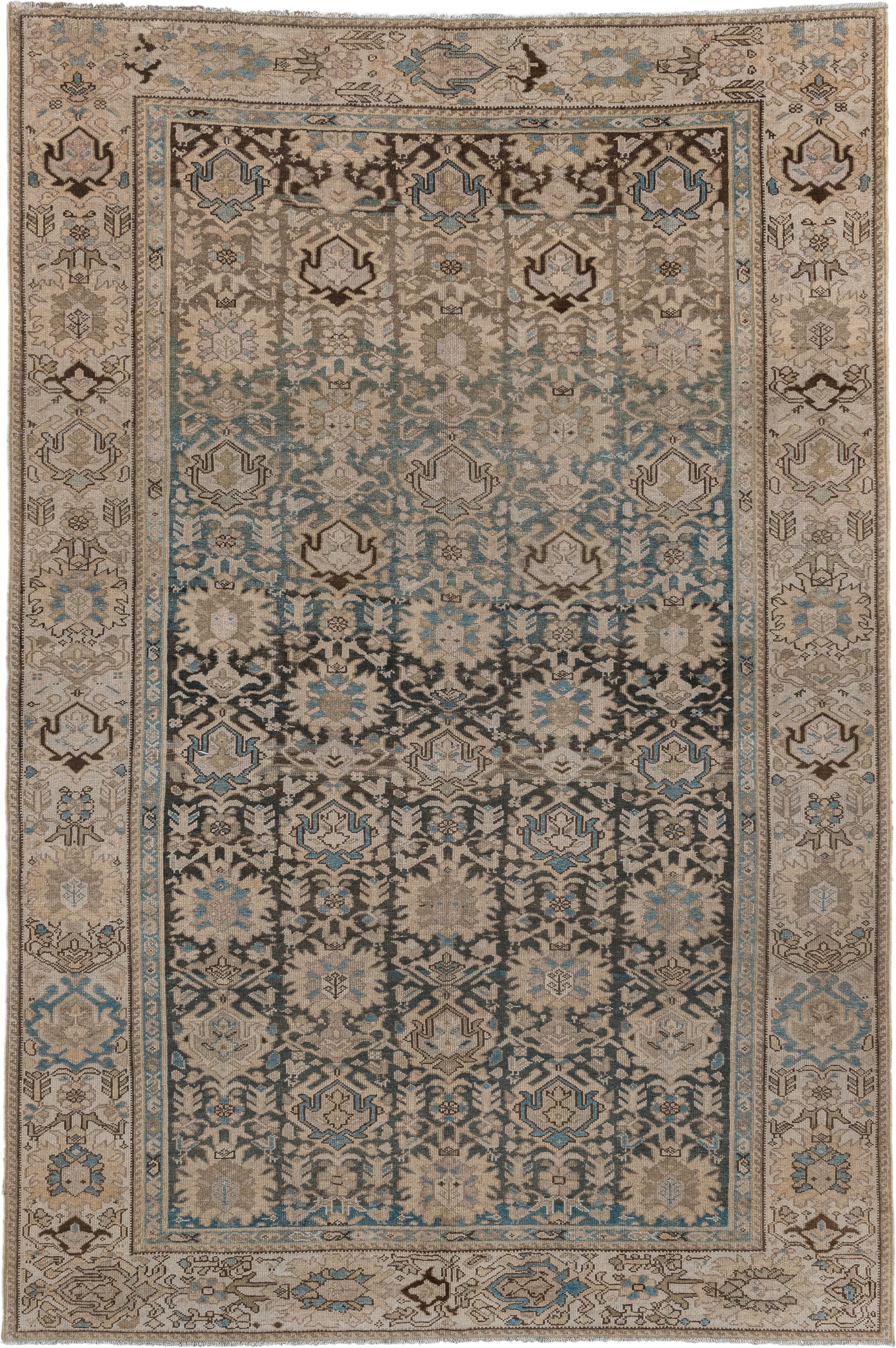 6' x 9' one-of-a-kind handmade antique Malayer large size rug. Color palette: taupe, ivory, charcoal, sky blue, beige, brown