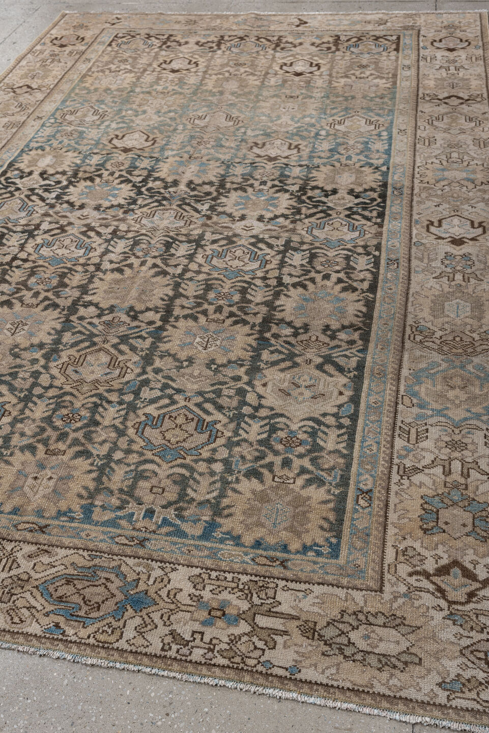 6' x 9' one-of-a-kind handmade antique Malayer large size rug. Color palette: taupe, ivory, charcoal, sky blue, beige, brown