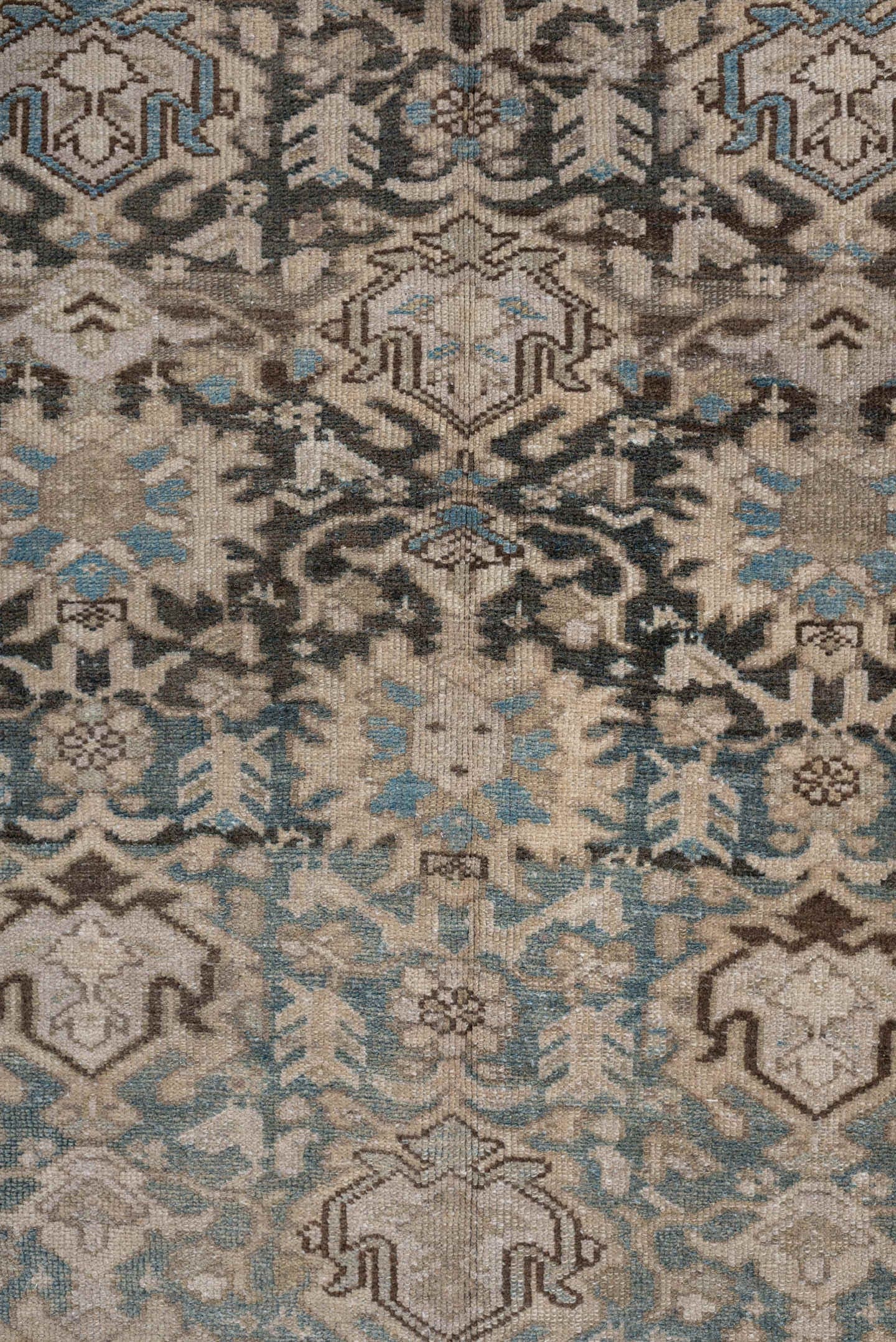 6' x 9' one-of-a-kind handmade antique Malayer large size rug. Color palette: taupe, ivory, charcoal, sky blue, beige, brown