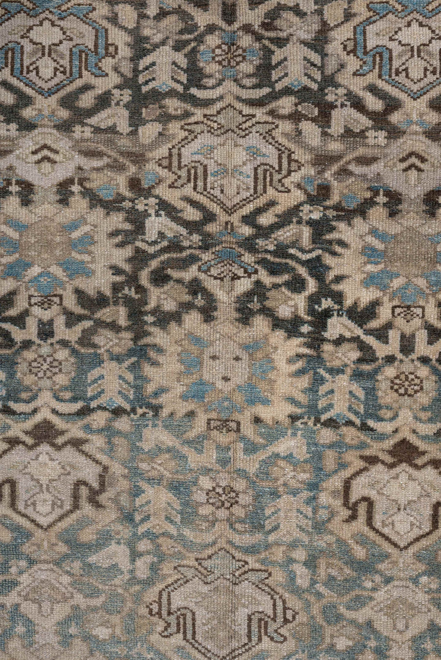 6' x 9' one-of-a-kind handmade antique Malayer large size rug. Color palette: taupe, ivory, charcoal, sky blue, beige, brown
