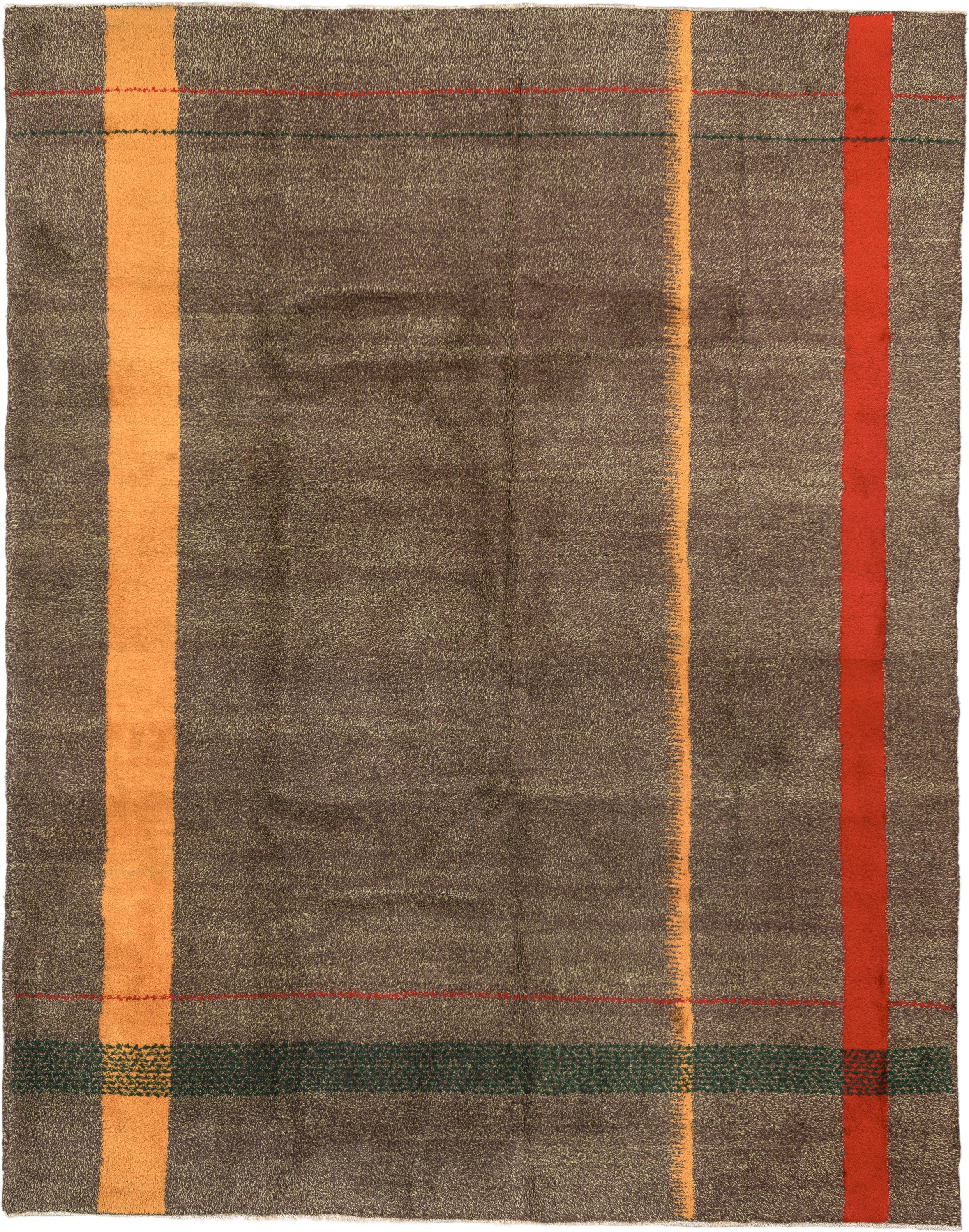7' x 8' one-of-a-kind handmade antique Zeki Muran rug. Color palette: taupe, brown, camel, rust, red, forest_green, beige