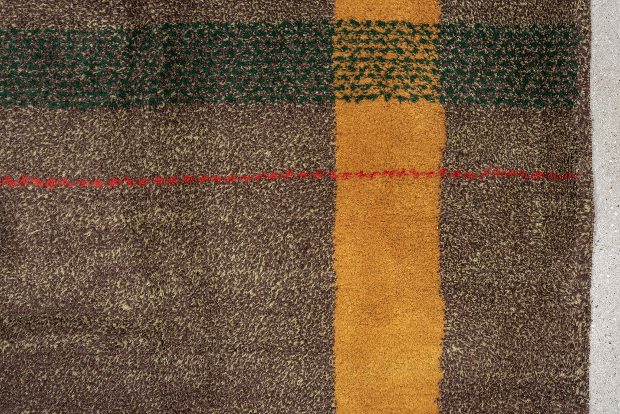 7' x 8' one-of-a-kind handmade antique Zeki Muran rug. Color palette: taupe, brown, camel, rust, red, forest_green, beige