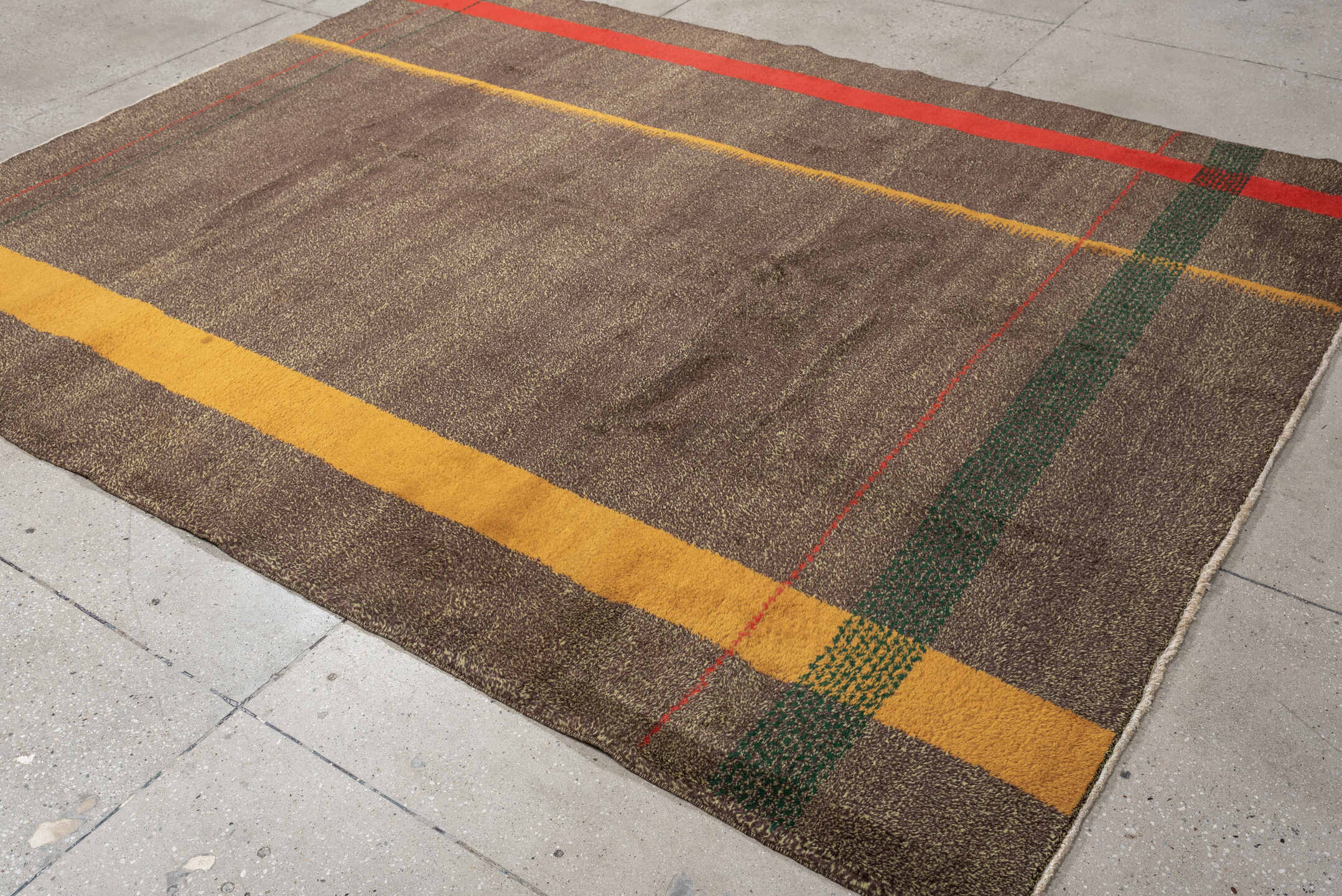 7' x 8' one-of-a-kind handmade antique Zeki Muran rug. Color palette: taupe, brown, camel, rust, red, forest_green, beige