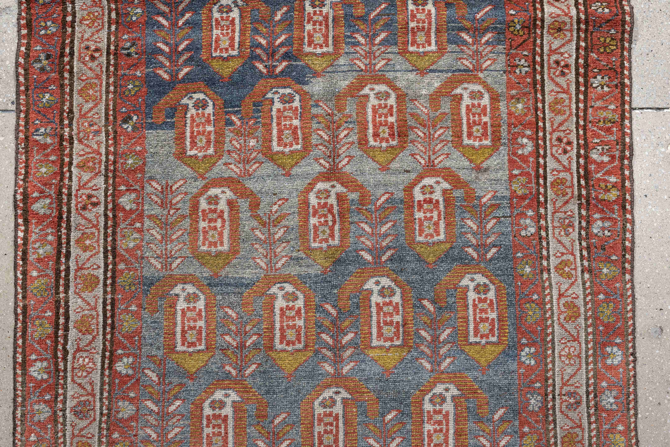 3' x 8' one-of-a-kind handmade antique Malayer runner rug. Color palette: blue, rust, ivory, rose, olive, terra cotta, brown