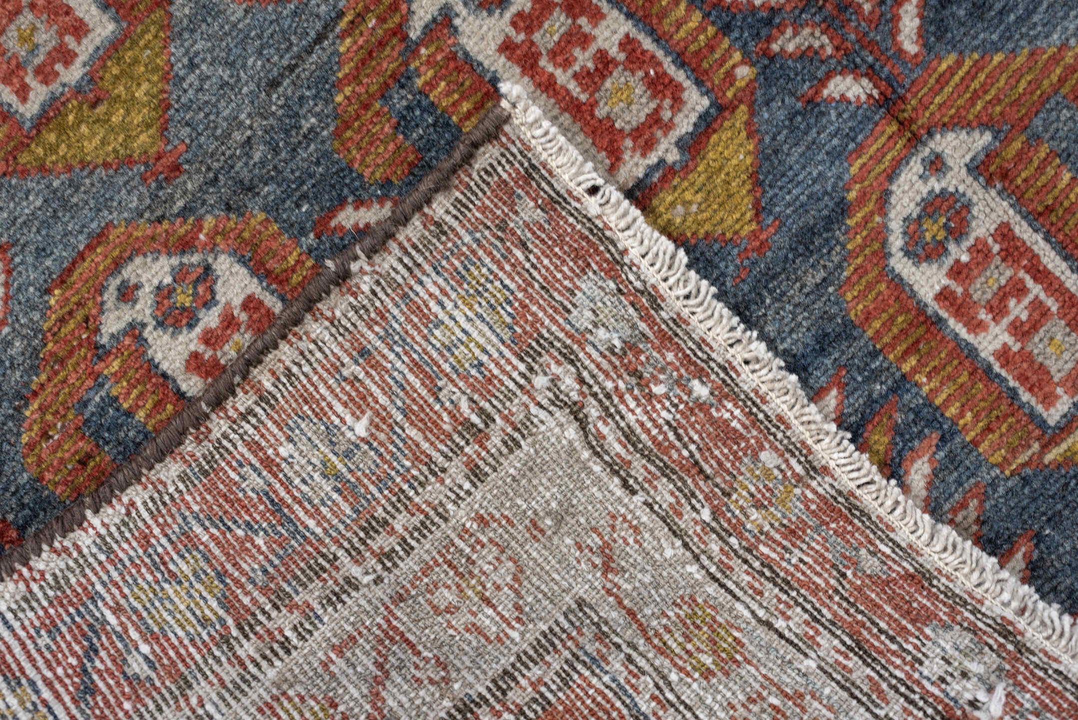 3' x 8' one-of-a-kind handmade antique Malayer runner rug. Color palette: blue, rust, ivory, rose, olive, terra cotta, brown