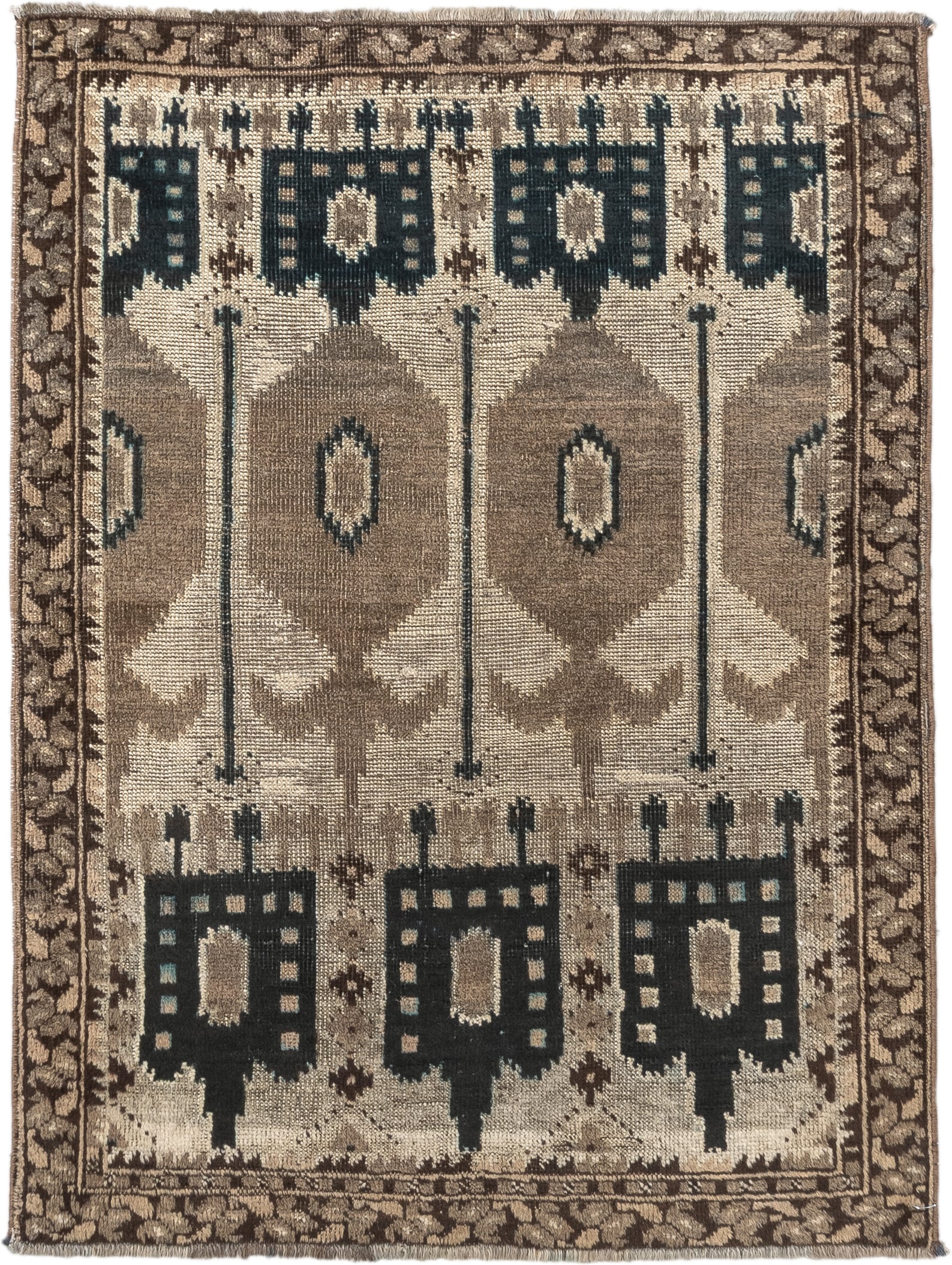 2' x 3' one-of-a-kind handmade antique Belouch small size rug. Color palette: camel, ivory, brown, indigo, taupe, beige