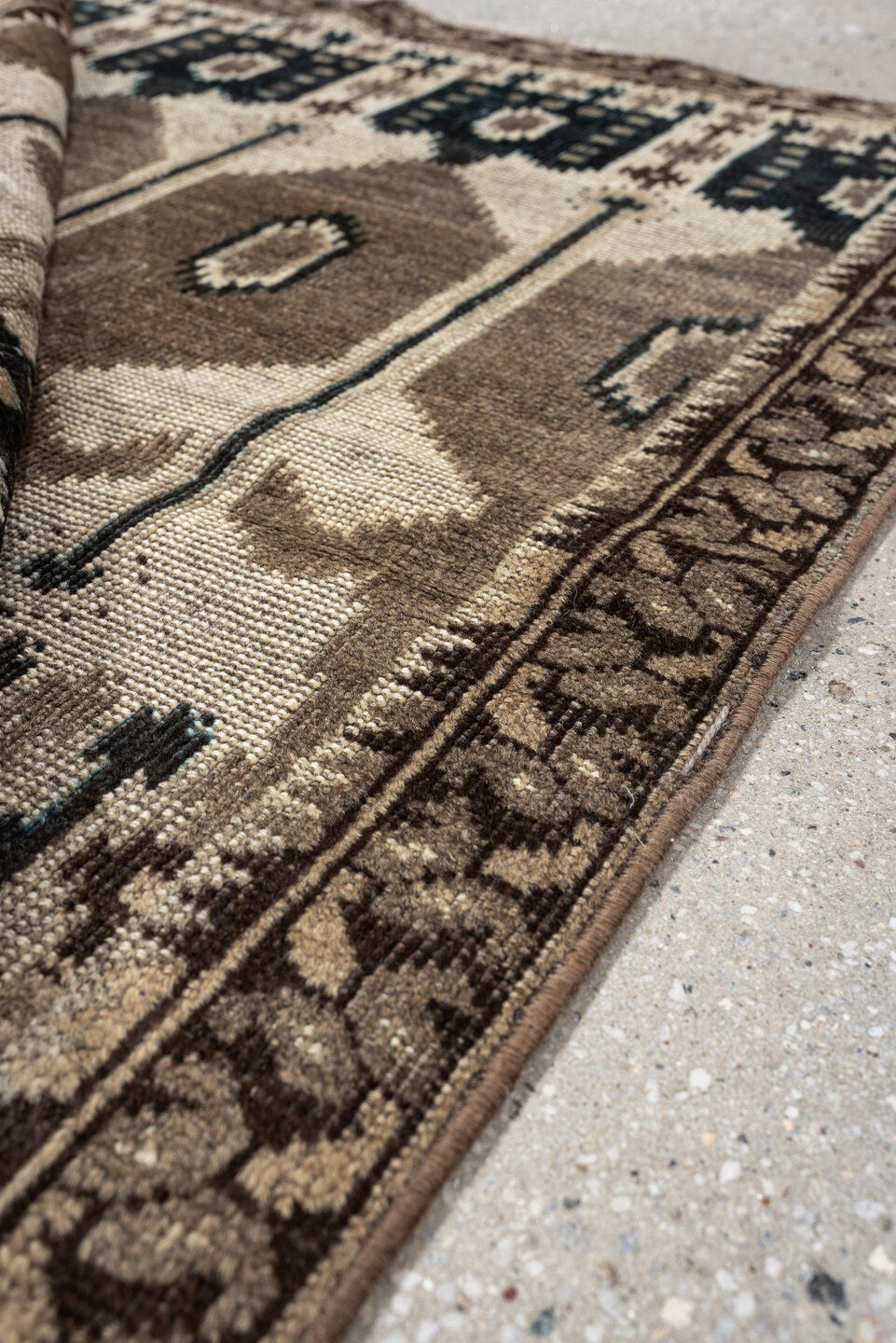 2' x 3' one-of-a-kind handmade antique Belouch small size rug. Color palette: camel, ivory, brown, indigo, taupe, beige