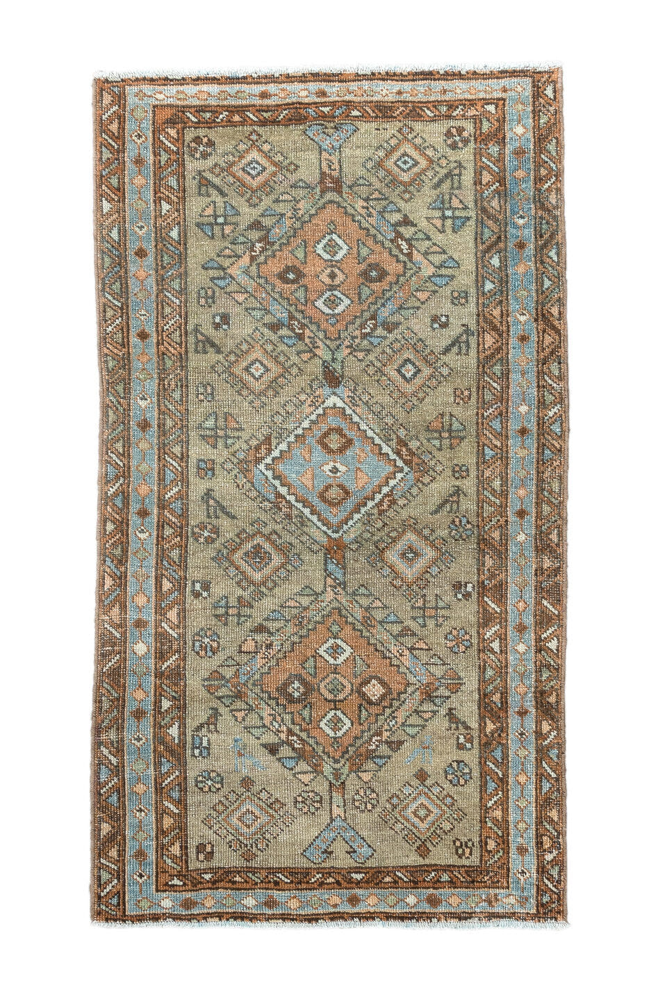 2' x 4' one-of-a-kind handmade antique Karaje small size rug. Color palette: ivory, sky_blue, brown, camel, taupe, slate