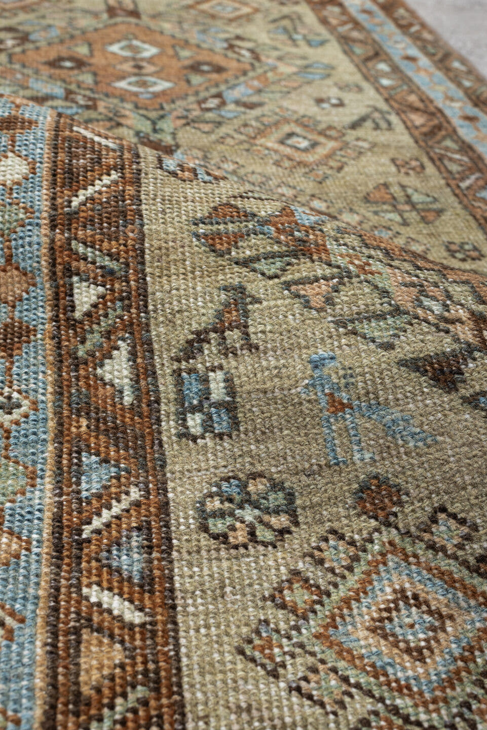 2' x 4' one-of-a-kind handmade antique Karaje small size rug. Color palette: ivory, sky_blue, brown, camel, taupe, slate