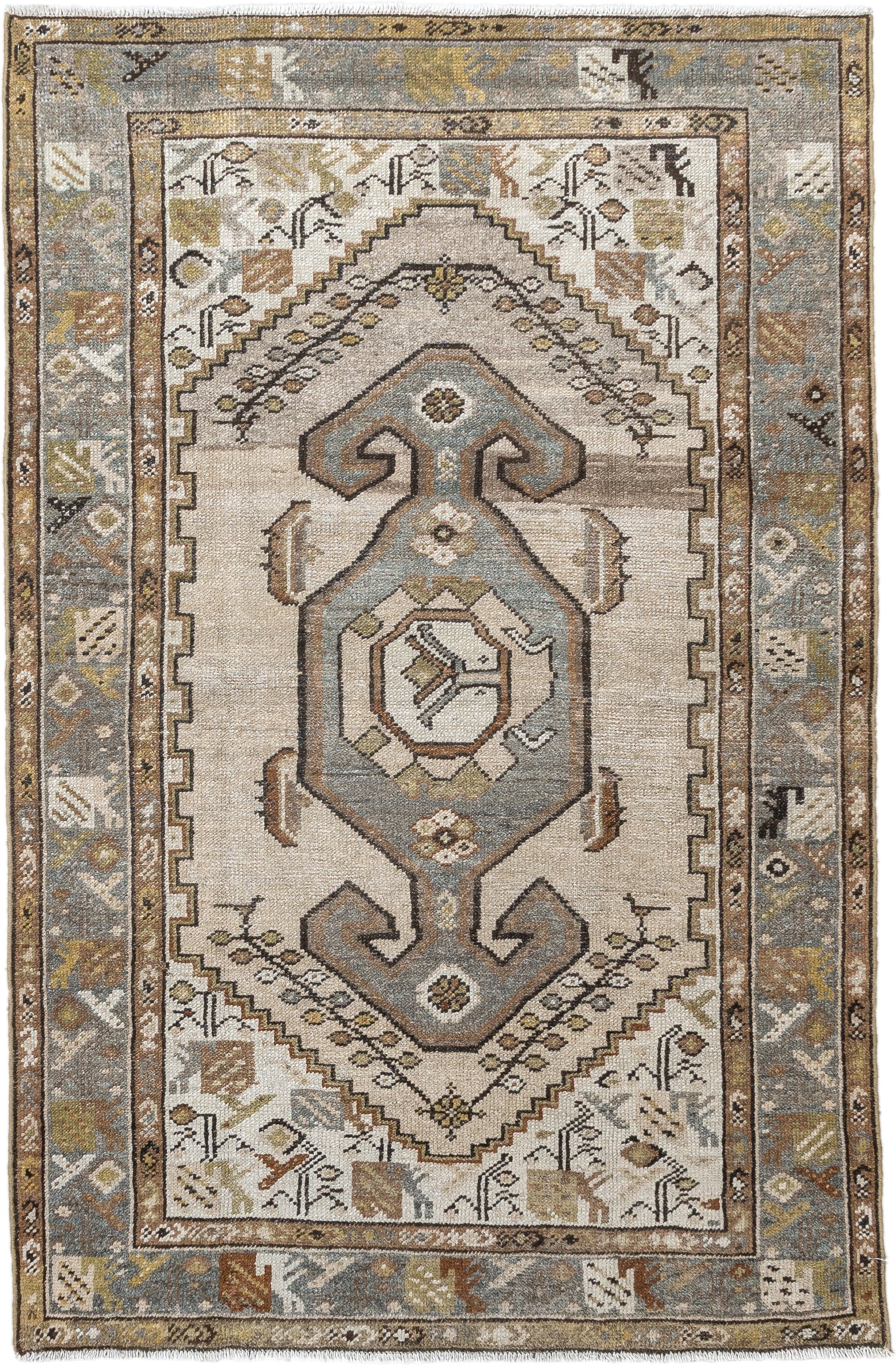 3' x 5' one-of-a-kind handmade antique Hamadan small size rug. Color palette: ivory, sky blue, taupe, camel, brown, gold