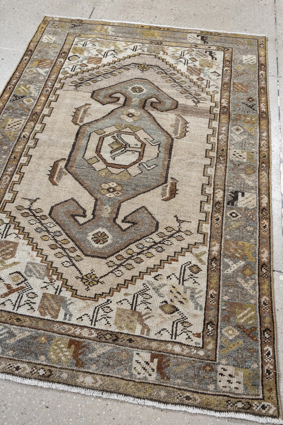 3' x 5' one-of-a-kind handmade antique Hamadan small size rug. Color palette: ivory, sky blue, taupe, camel, brown, gold