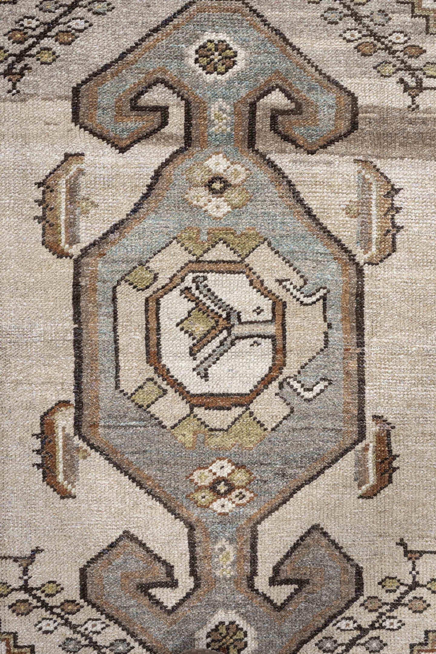 3' x 5' one-of-a-kind handmade antique Hamadan small size rug. Color palette: ivory, sky blue, taupe, camel, brown, gold