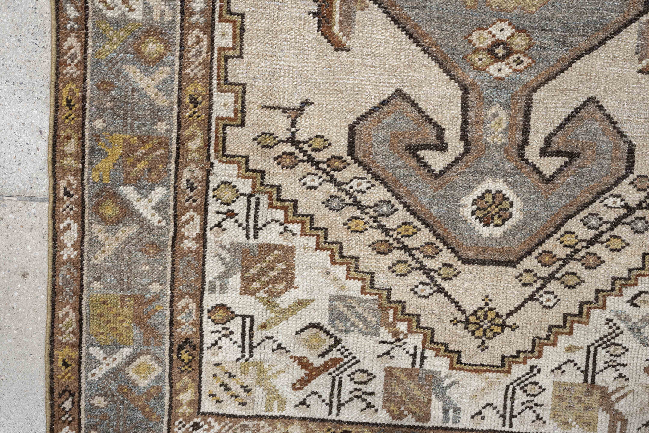 3' x 5' one-of-a-kind handmade antique Hamadan small size rug. Color palette: ivory, sky blue, taupe, camel, brown, gold