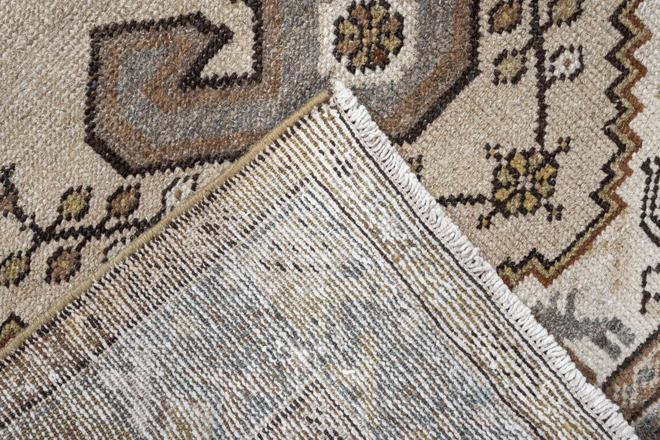 3' x 5' one-of-a-kind handmade antique Hamadan small size rug. Color palette: ivory, sky blue, taupe, camel, brown, gold