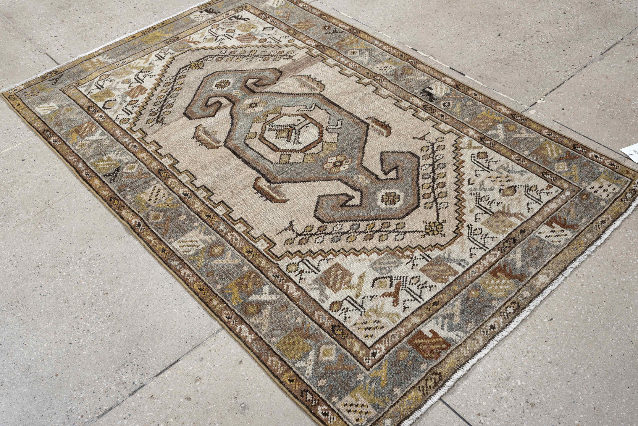 3' x 5' one-of-a-kind handmade antique Hamadan small size rug. Color palette: ivory, sky blue, taupe, camel, brown, gold