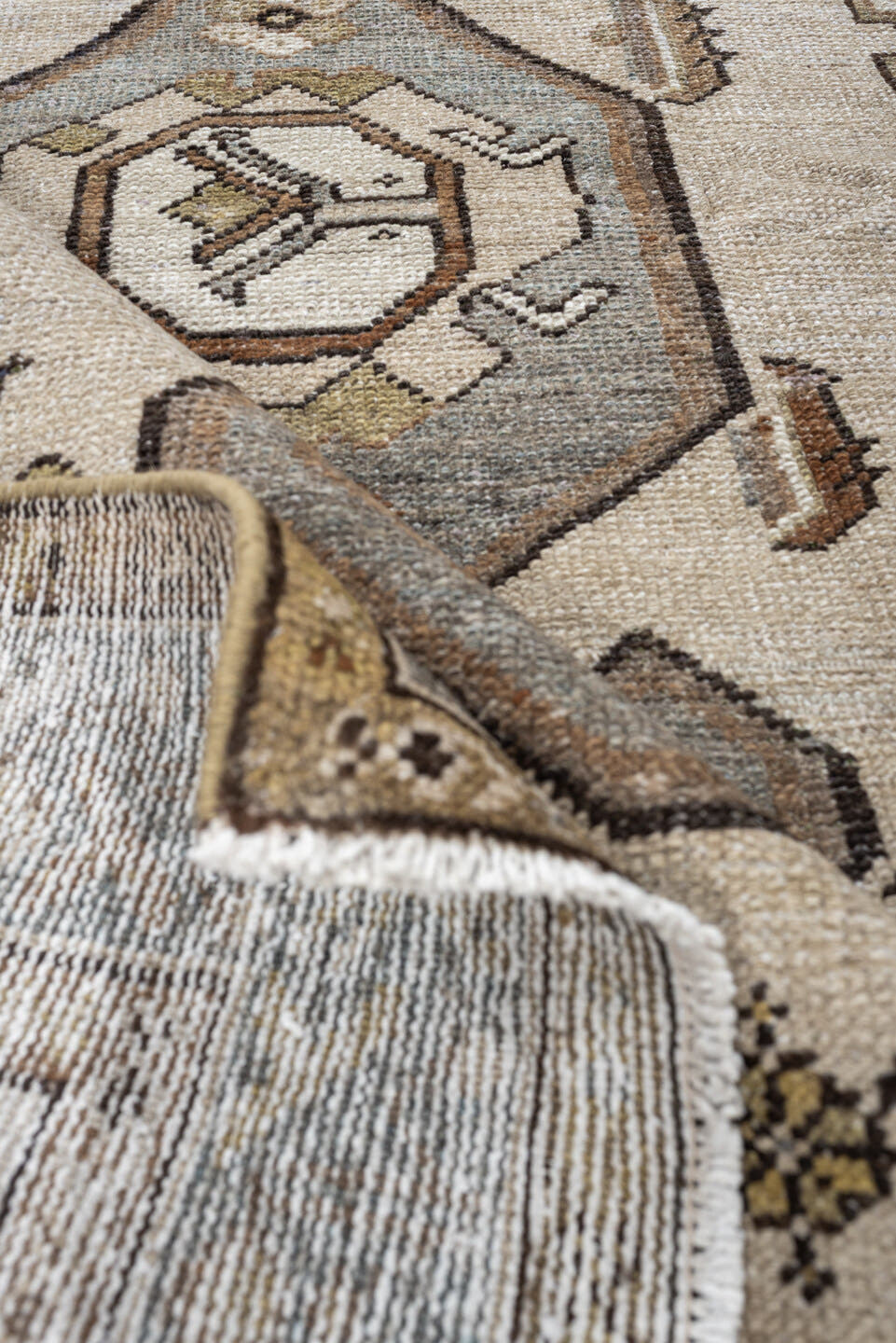 3' x 5' one-of-a-kind handmade antique Hamadan small size rug. Color palette: ivory, sky blue, taupe, camel, brown, gold