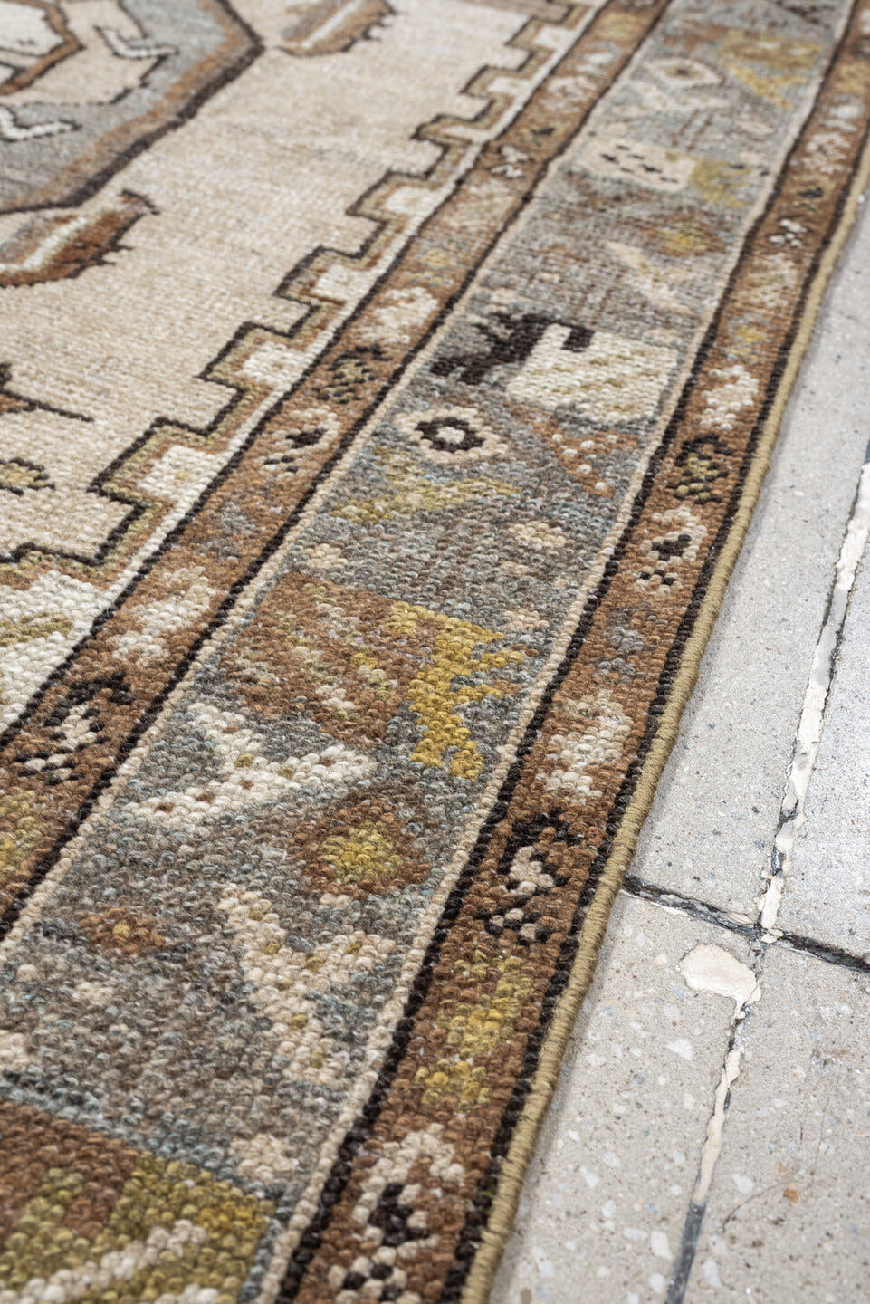 3' x 5' one-of-a-kind handmade antique Hamadan small size rug. Color palette: ivory, sky blue, taupe, camel, brown, gold