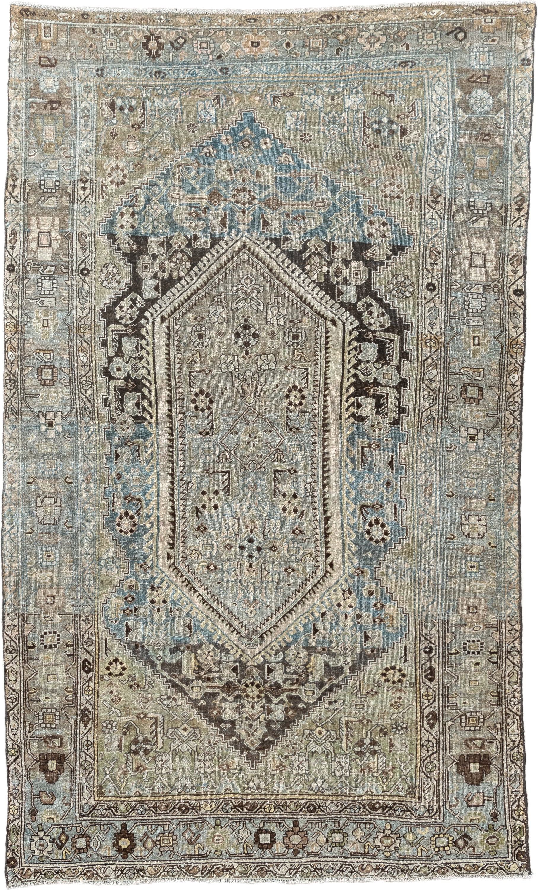 4' x 6' one-of-a-kind handmade antique Bidjar rug. Color palette: taupe, sky blue, ivory, charcoal, beige, brown, gray