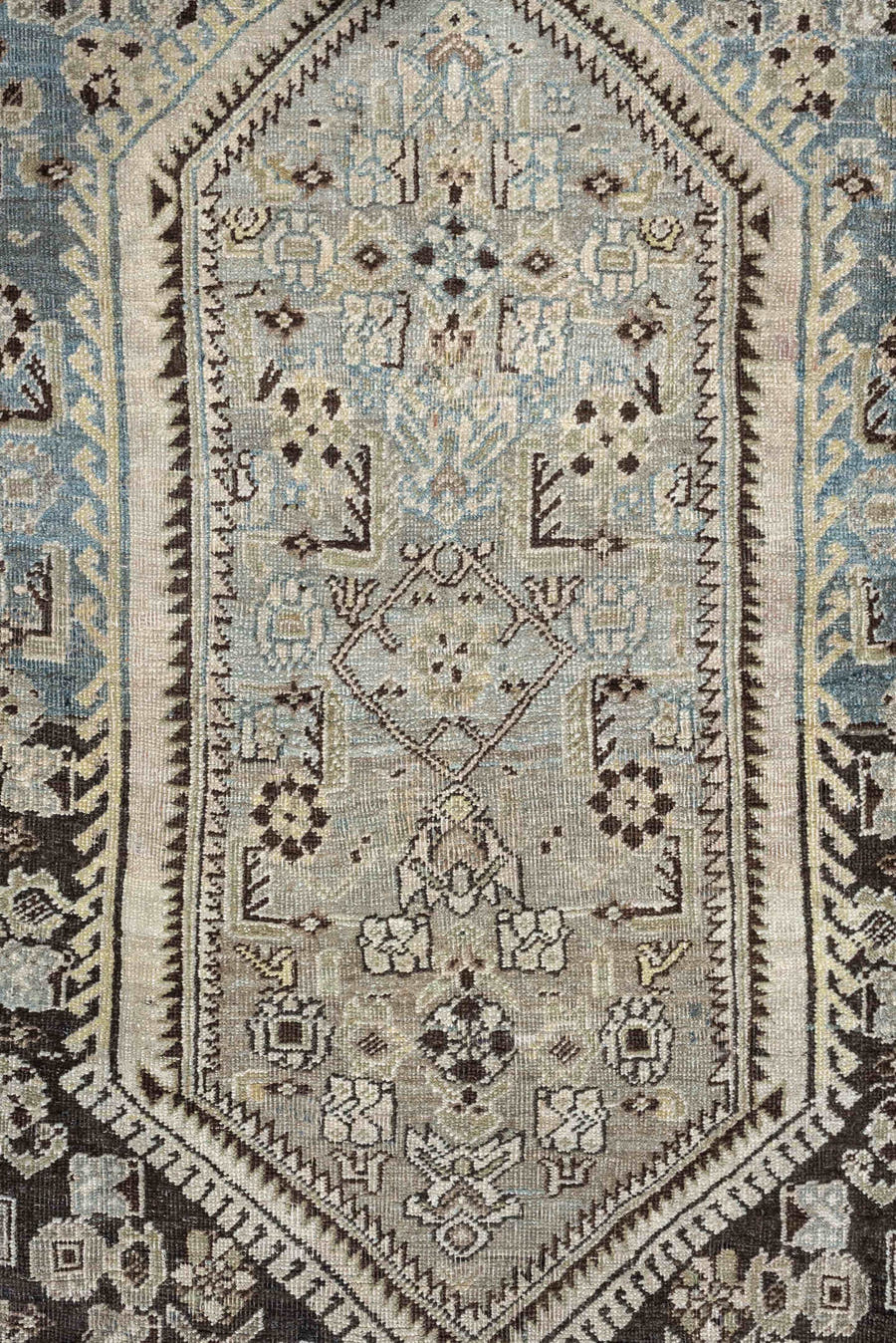 4' x 6' one-of-a-kind handmade antique Bidjar rug. Color palette: taupe, sky blue, ivory, charcoal, beige, brown, gray