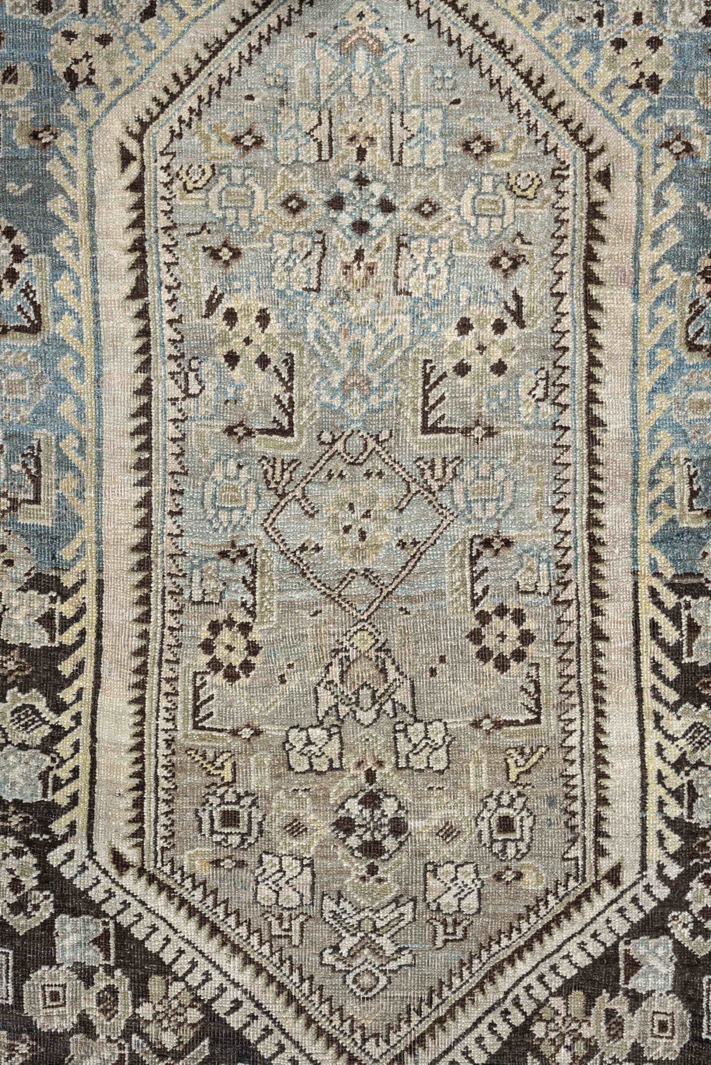 4' x 6' one-of-a-kind handmade antique Bidjar rug. Color palette: taupe, sky blue, ivory, charcoal, beige, brown, gray