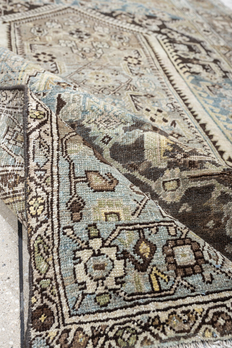 4' x 6' one-of-a-kind handmade antique Bidjar rug. Color palette: taupe, sky blue, ivory, charcoal, beige, brown, gray