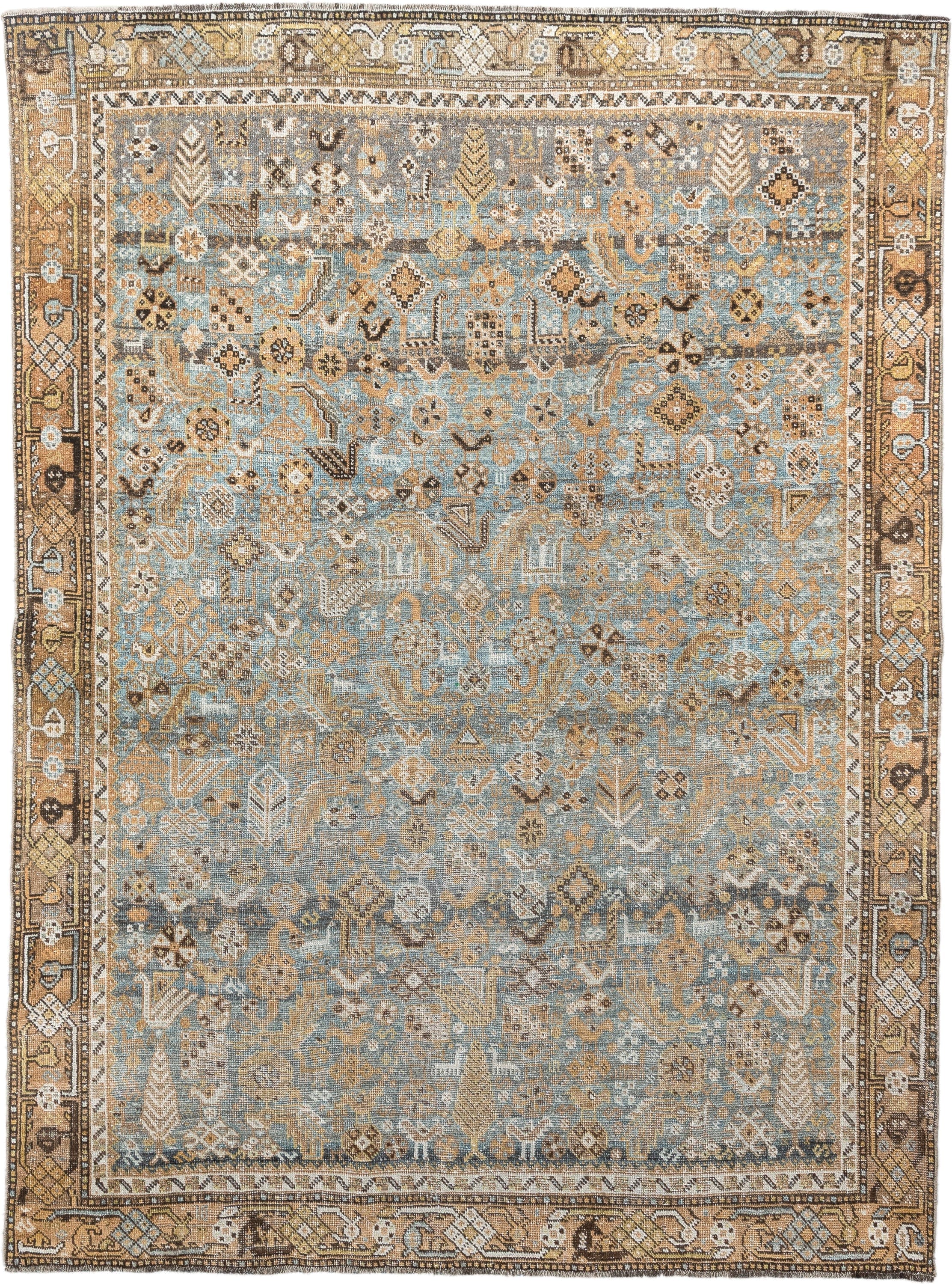 4' x 6' one-of-a-kind handmade antique Shiraz rug. Color palette: sky blue, camel, ivory, taupe, brown, slate, gold