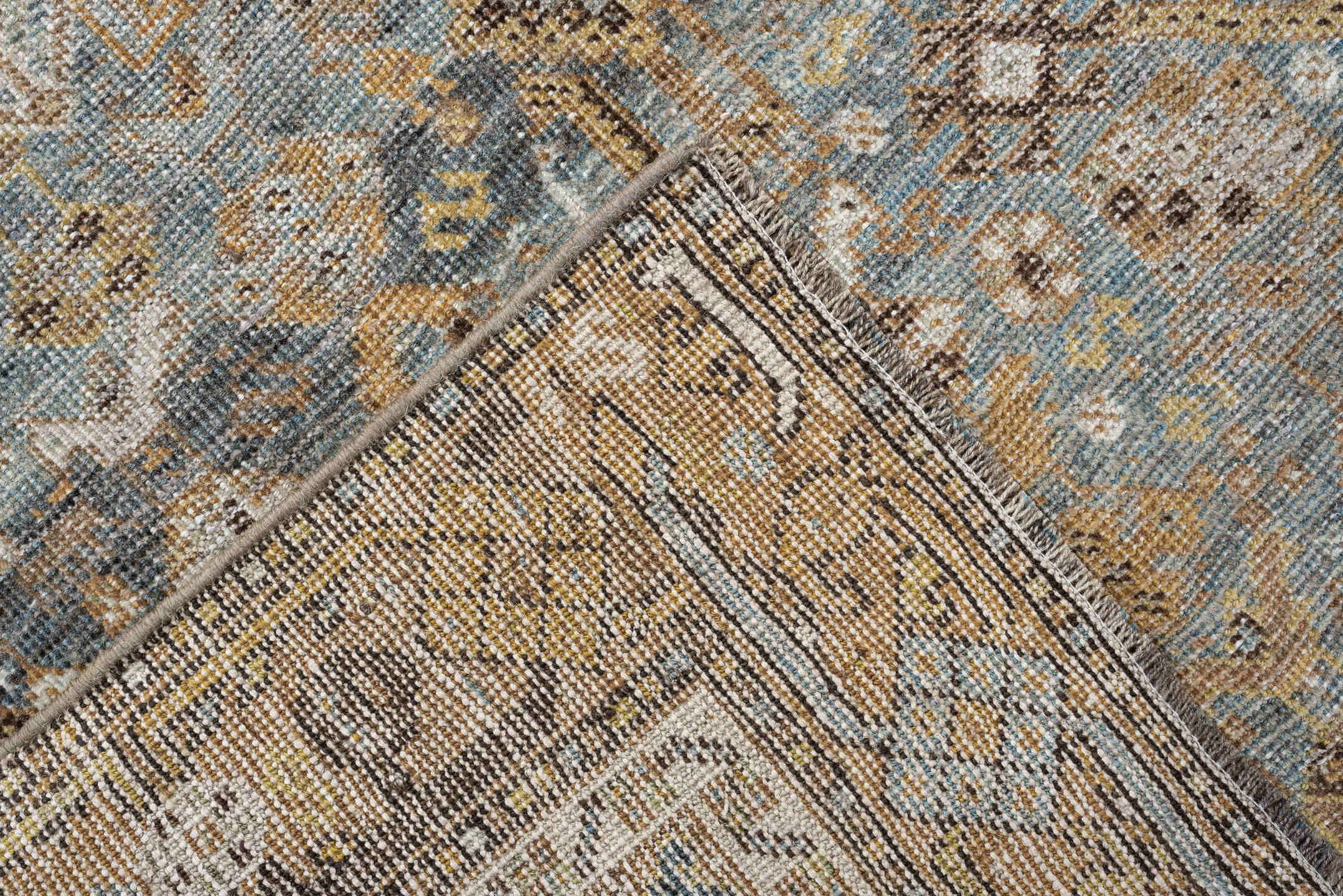 4' x 6' one-of-a-kind handmade antique Shiraz rug. Color palette: sky blue, camel, ivory, taupe, brown, slate, gold