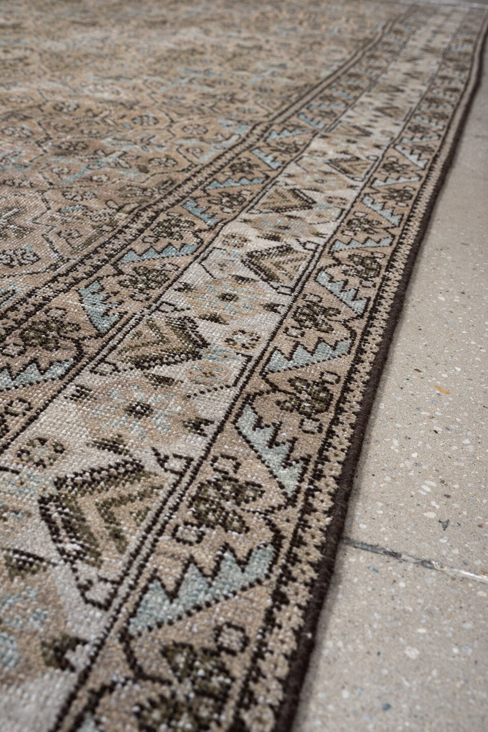 8' x 11' one-of-a-kind handmade antique Afshar large size rug. Color palette: ivory, taupe, charcoal, pale blue, beige